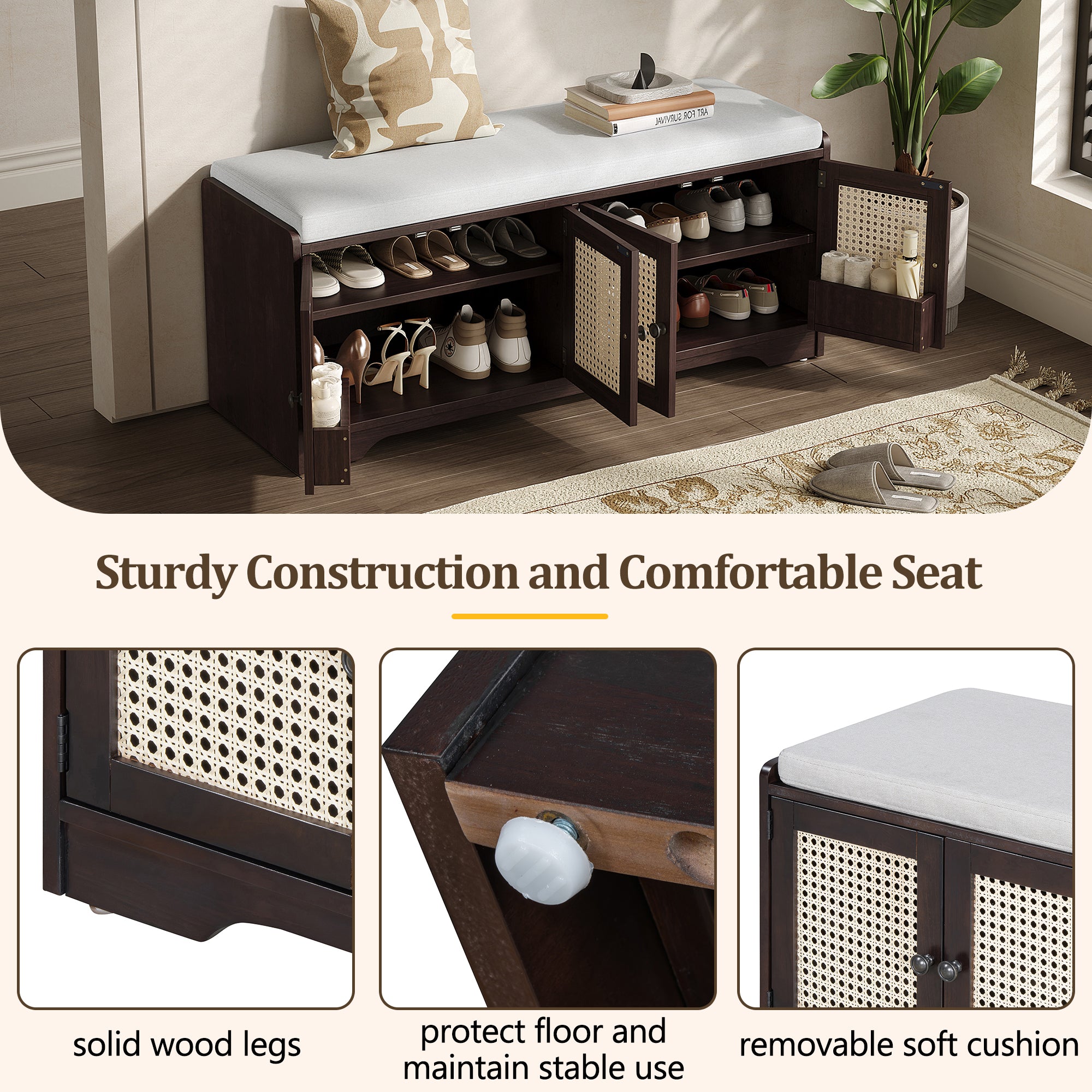 Storage Bench with Rattan Doors