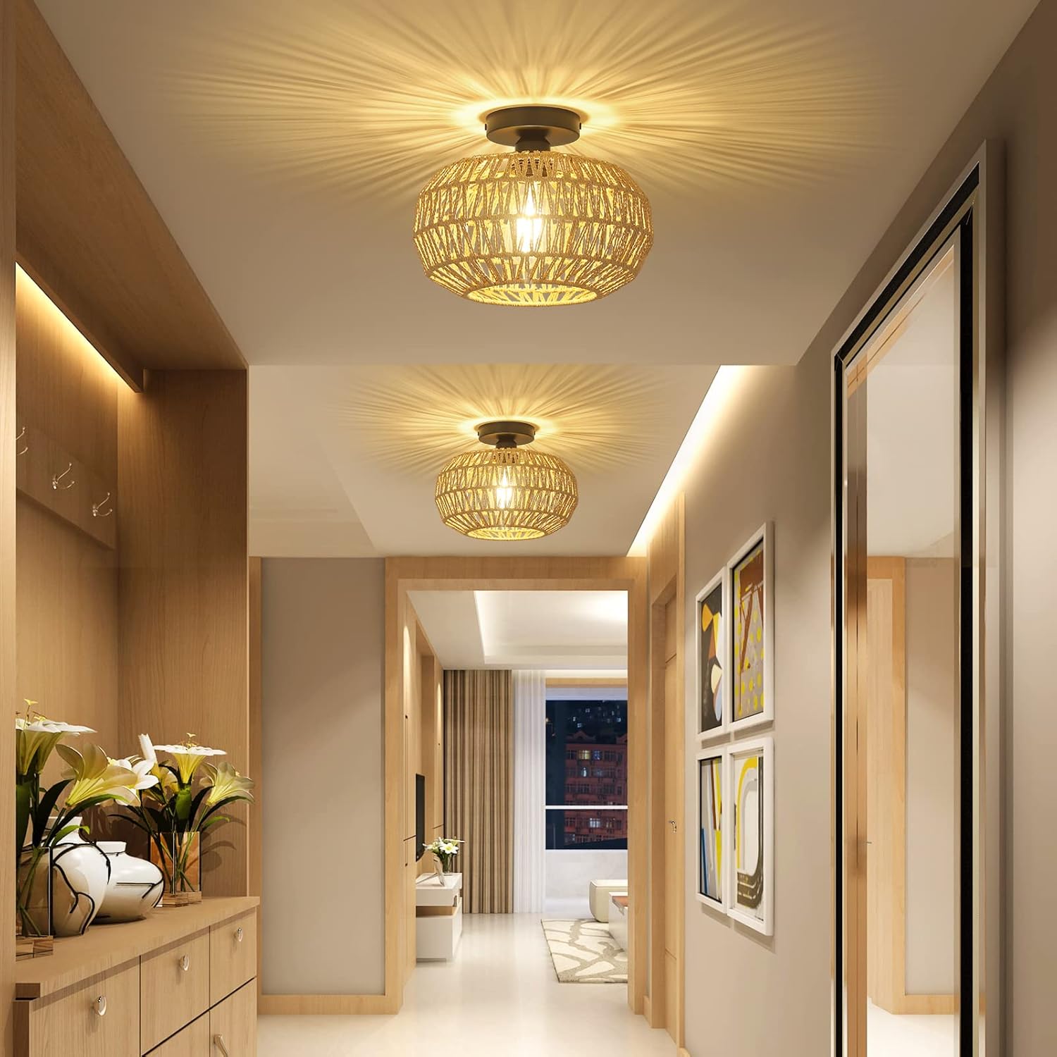 Ceiling Light Fixture with Dimmable LED and Hand-Woven Paper Rattan Cage
