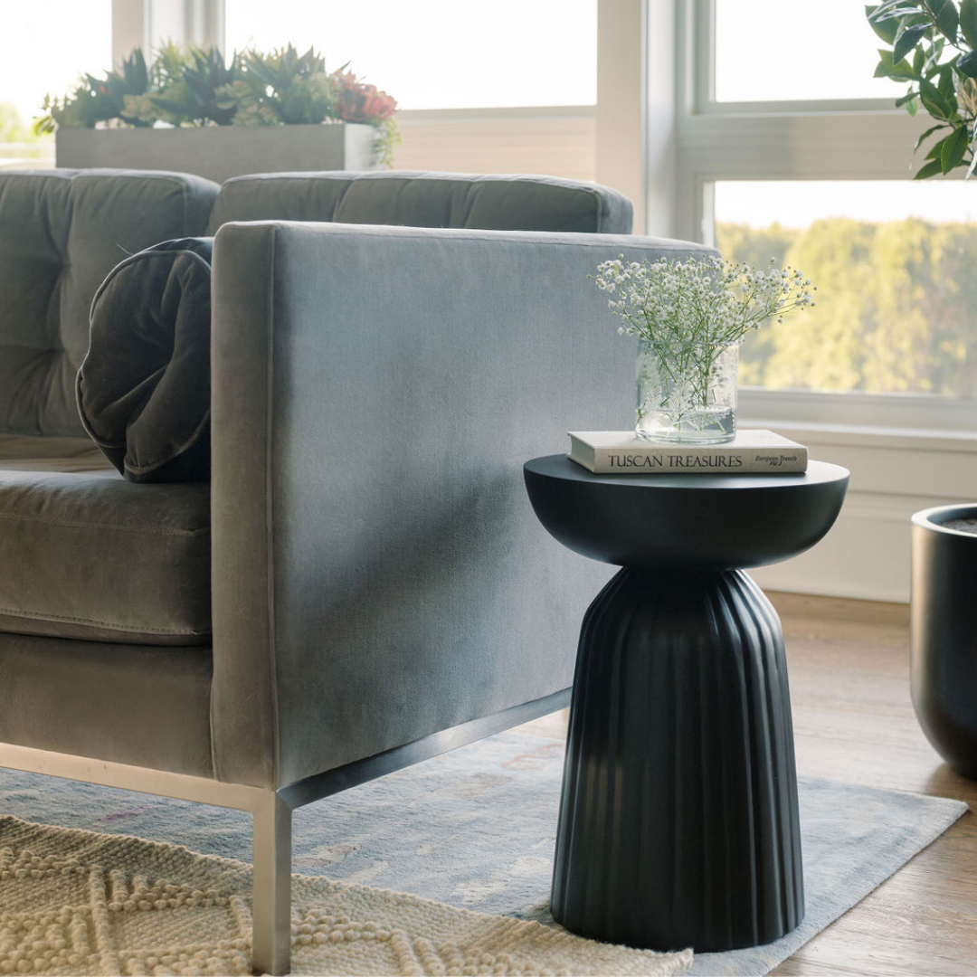 Shorter Etched Vases on CGH side table with flowers