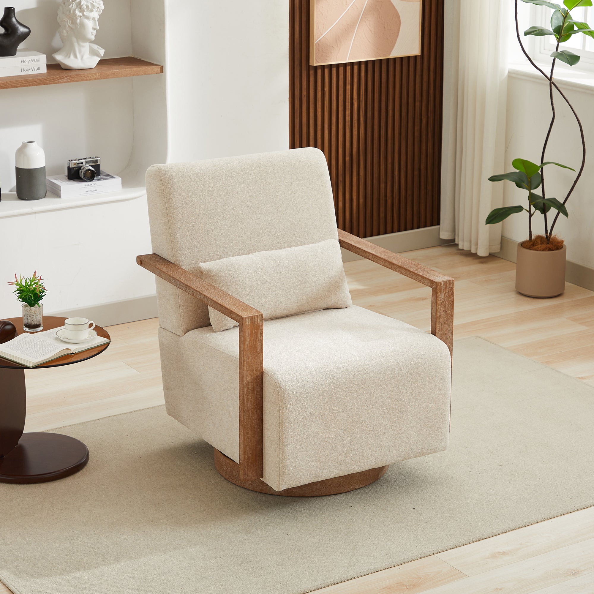Swivel Modern Upholstered Accent Chair with Solid Wood Armrests