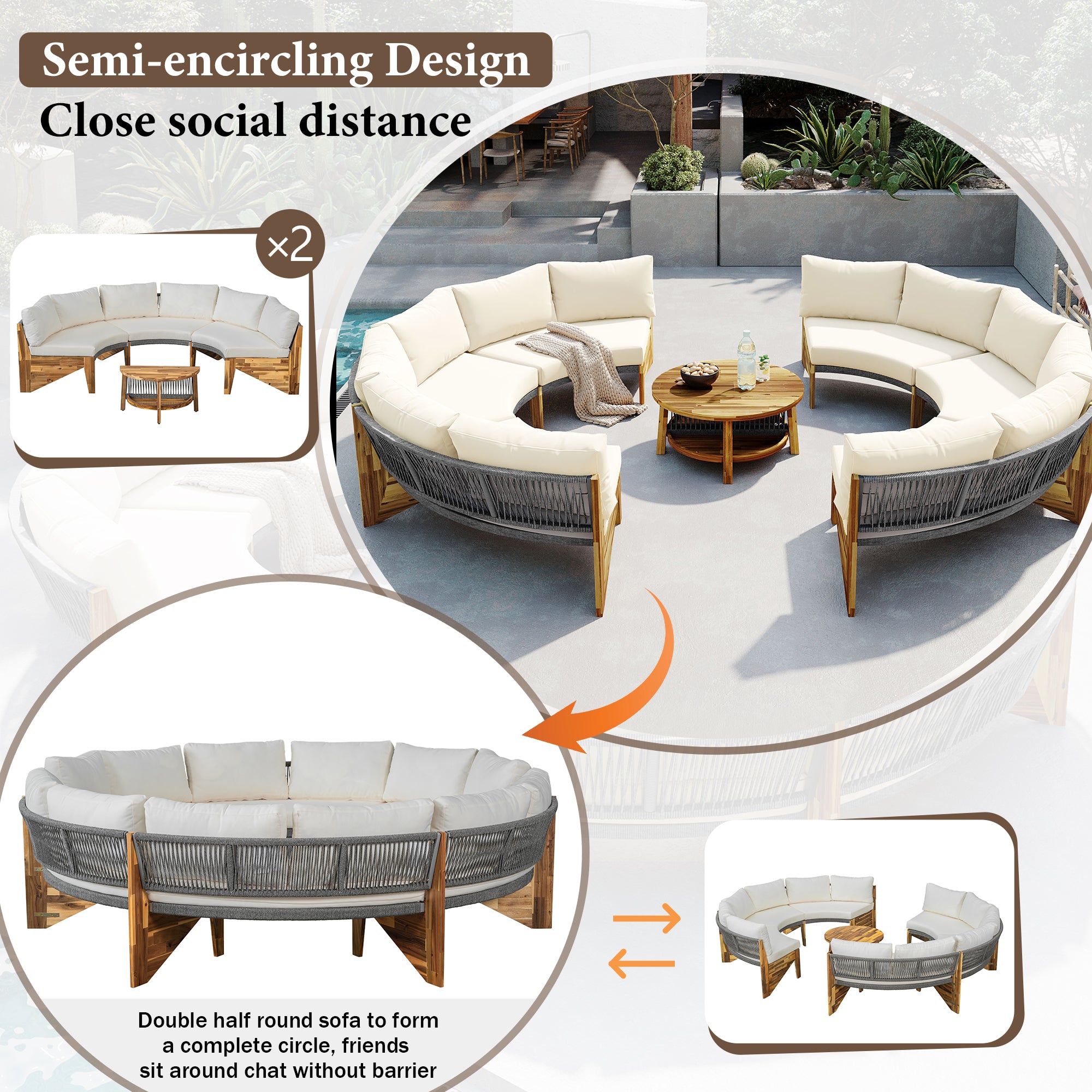 3-Piece Outdoor Semi-Circle Sofa Set for 6