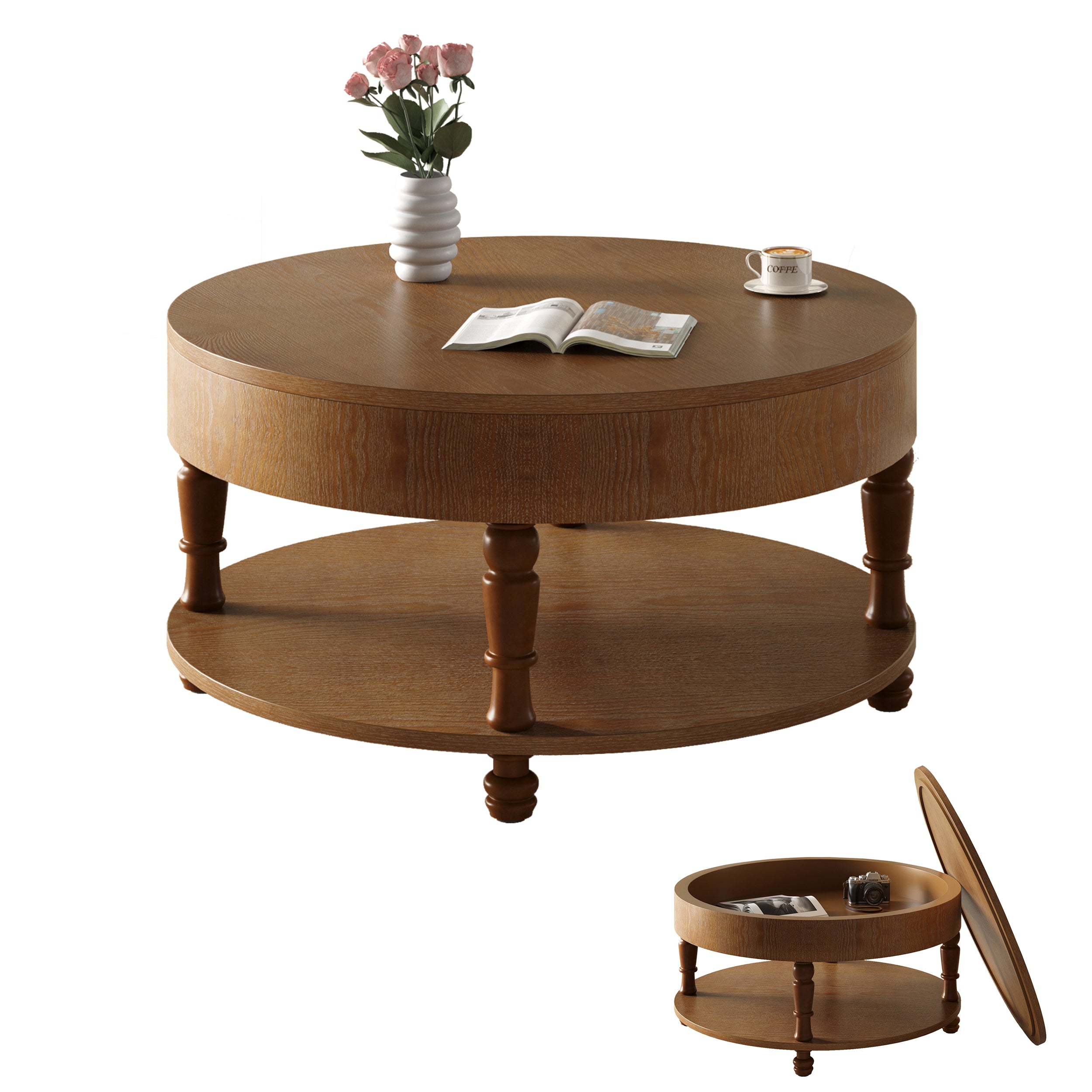 Traditional Round Coffee Table with Storage and Hidden Compartment