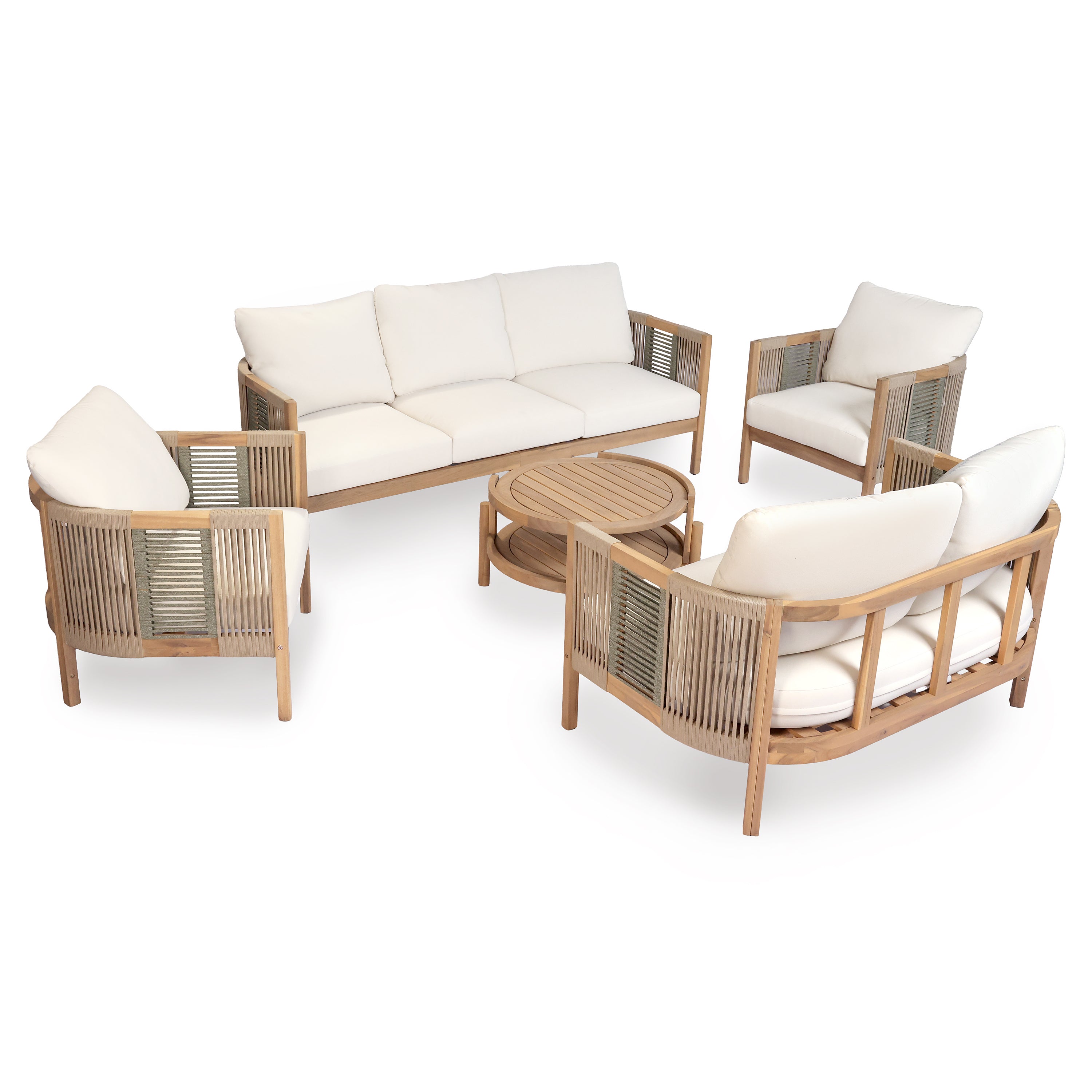 Outdoor Acacia Wood Club Chairs,Teak look+Beige cushion+(Beige+Light Green)rope