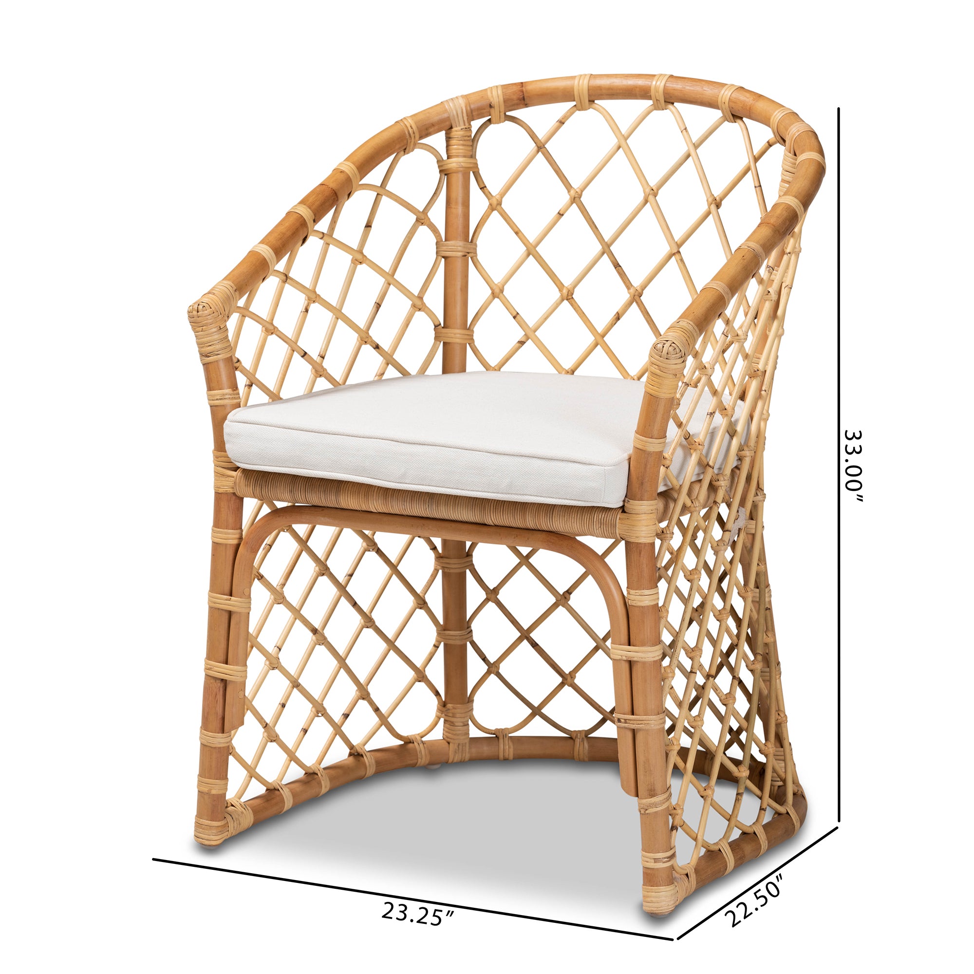 Modern Bohemian White Fabric Upholstered and Natural Brown Rattan Dining Chair
