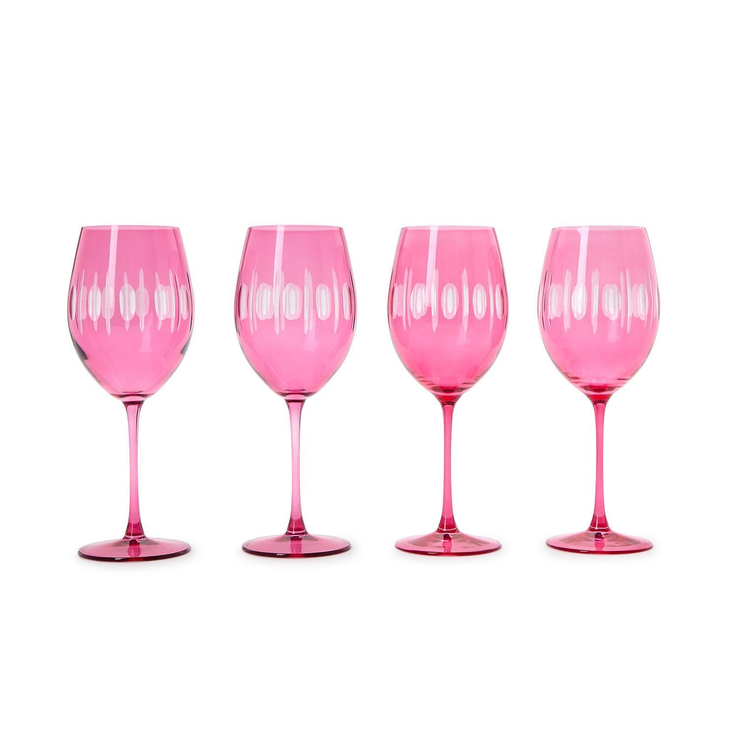 Sparkling Cut Pink Hand Engraved Stemmed Wine Glasses, Set of 4