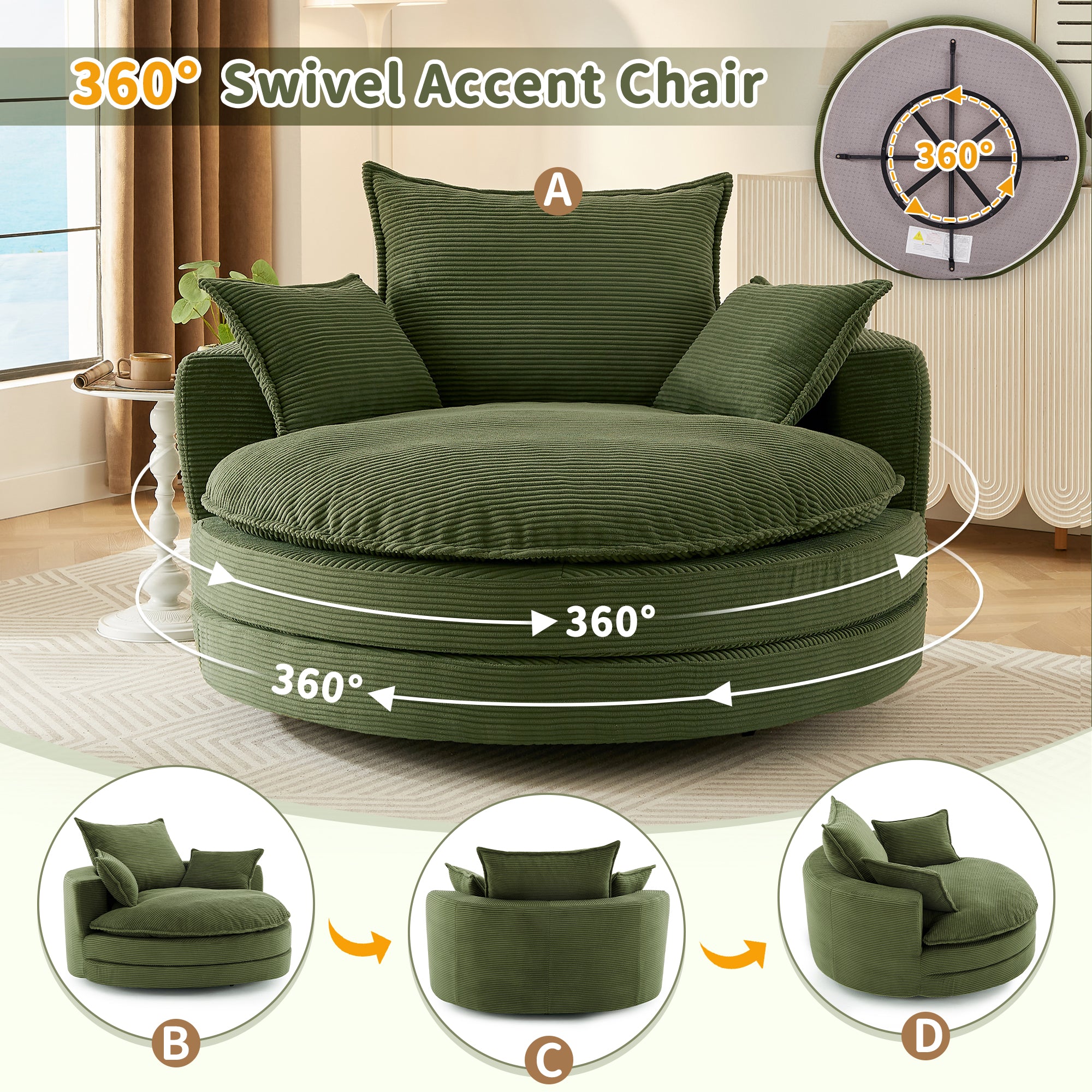 Corduroy 360° Swivel Accent Barrel Chair with 3 Removable Pillows