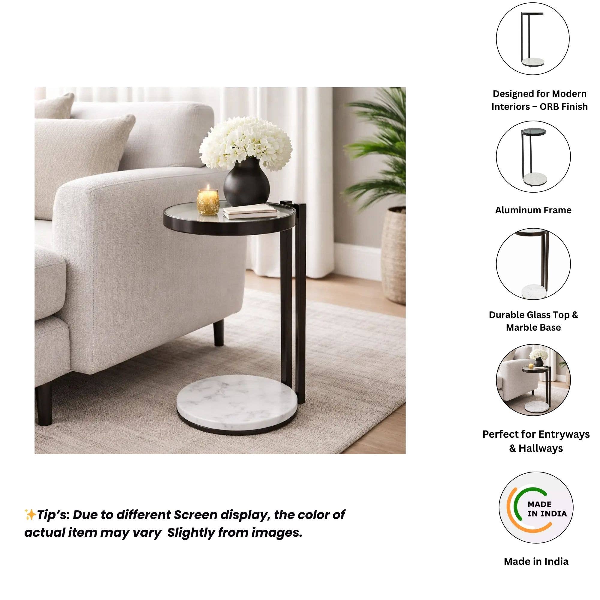 Drink Table with Glass Top and White Marble Base