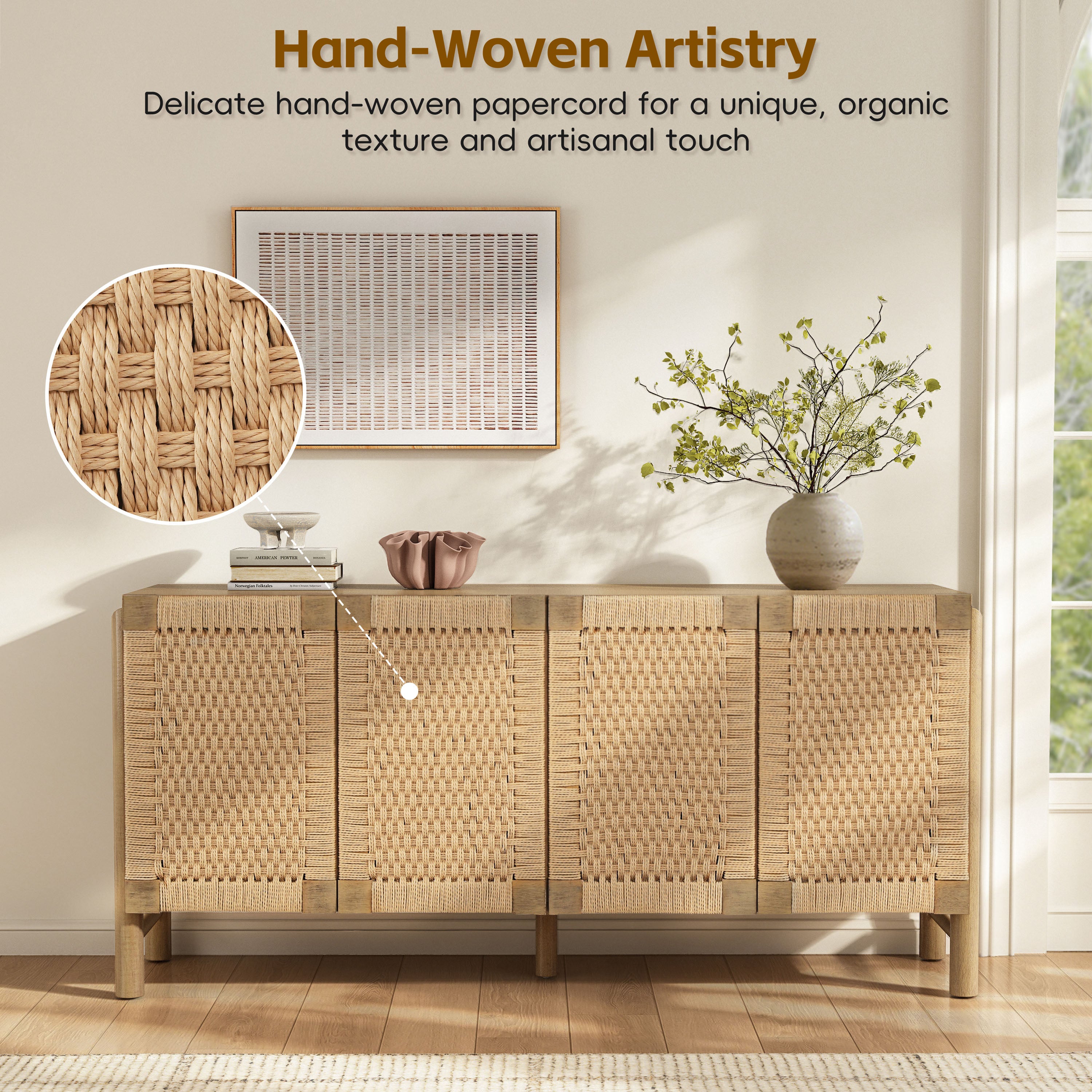 Natural Farmhouse Cabinet with Handwoven Paper Rope Doors, Solid Wood Legs and Natural Finish, for Hallway, Entryway or Living Room