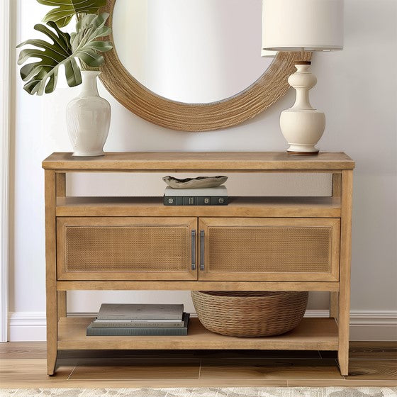 Console Table with 2 Cane Doors and 2 Shelves