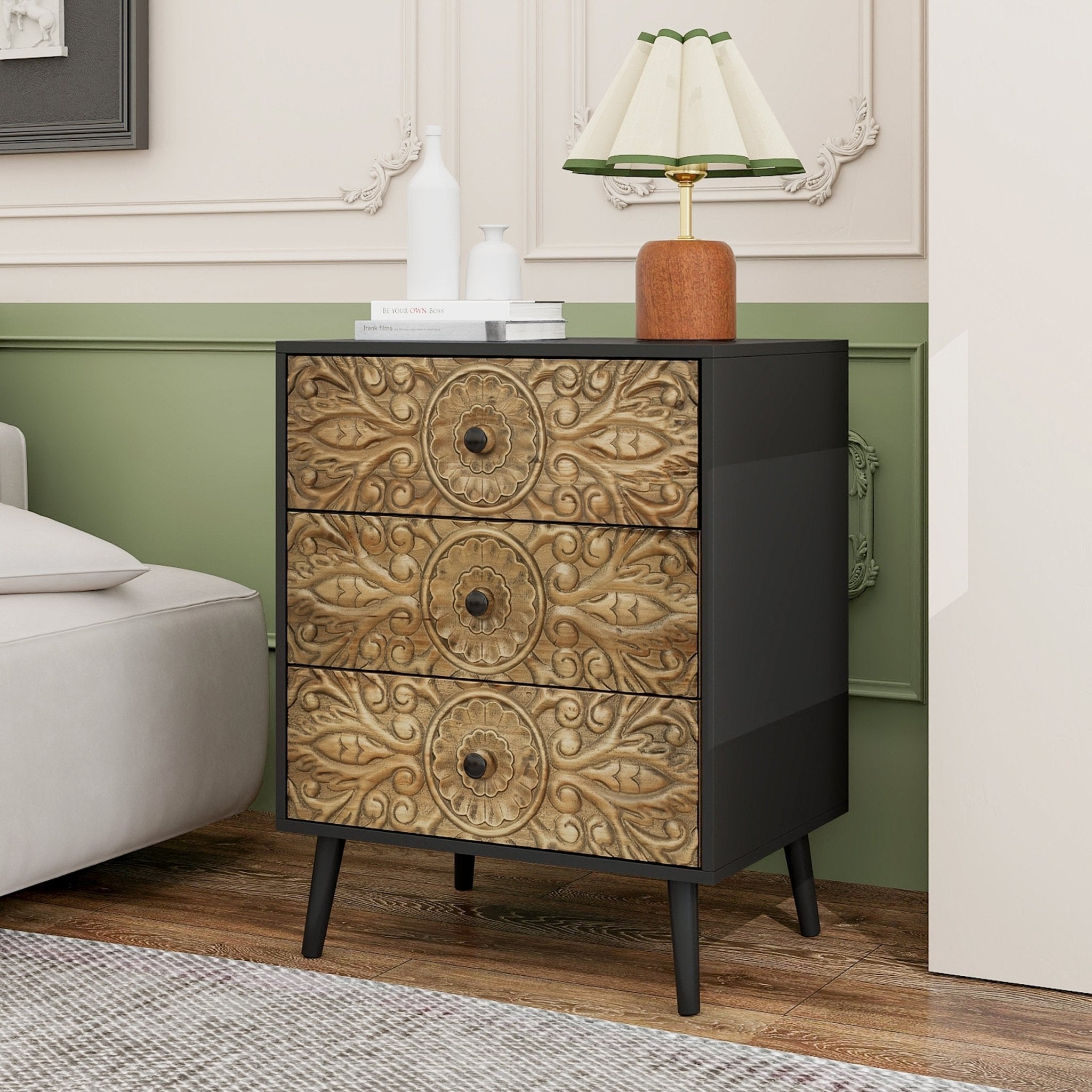Cabinet with 3 Drawers and Hand - Carved Design - Cabinets