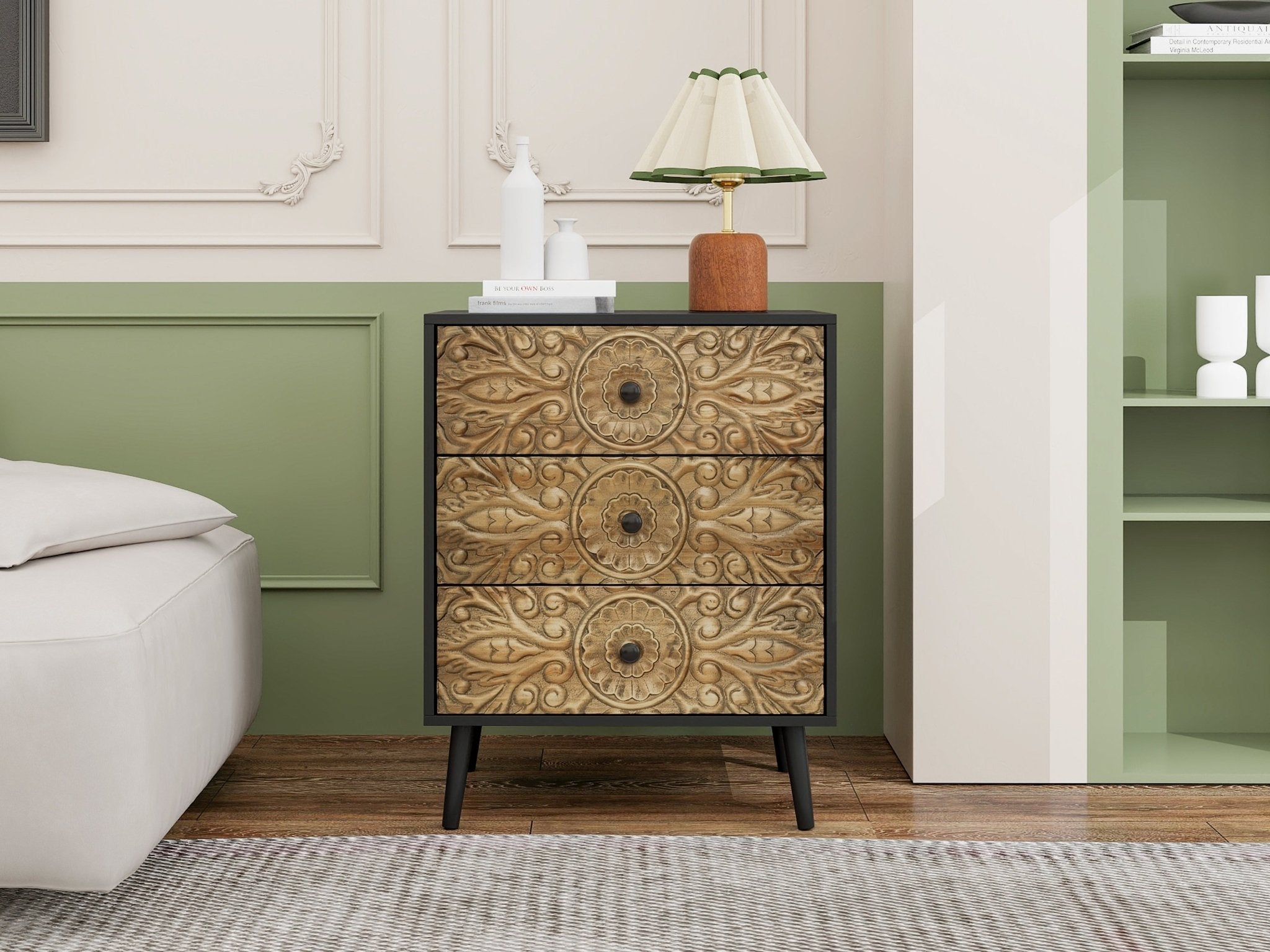 Cabinet with 3 Drawers and Hand - Carved Design - Cabinets