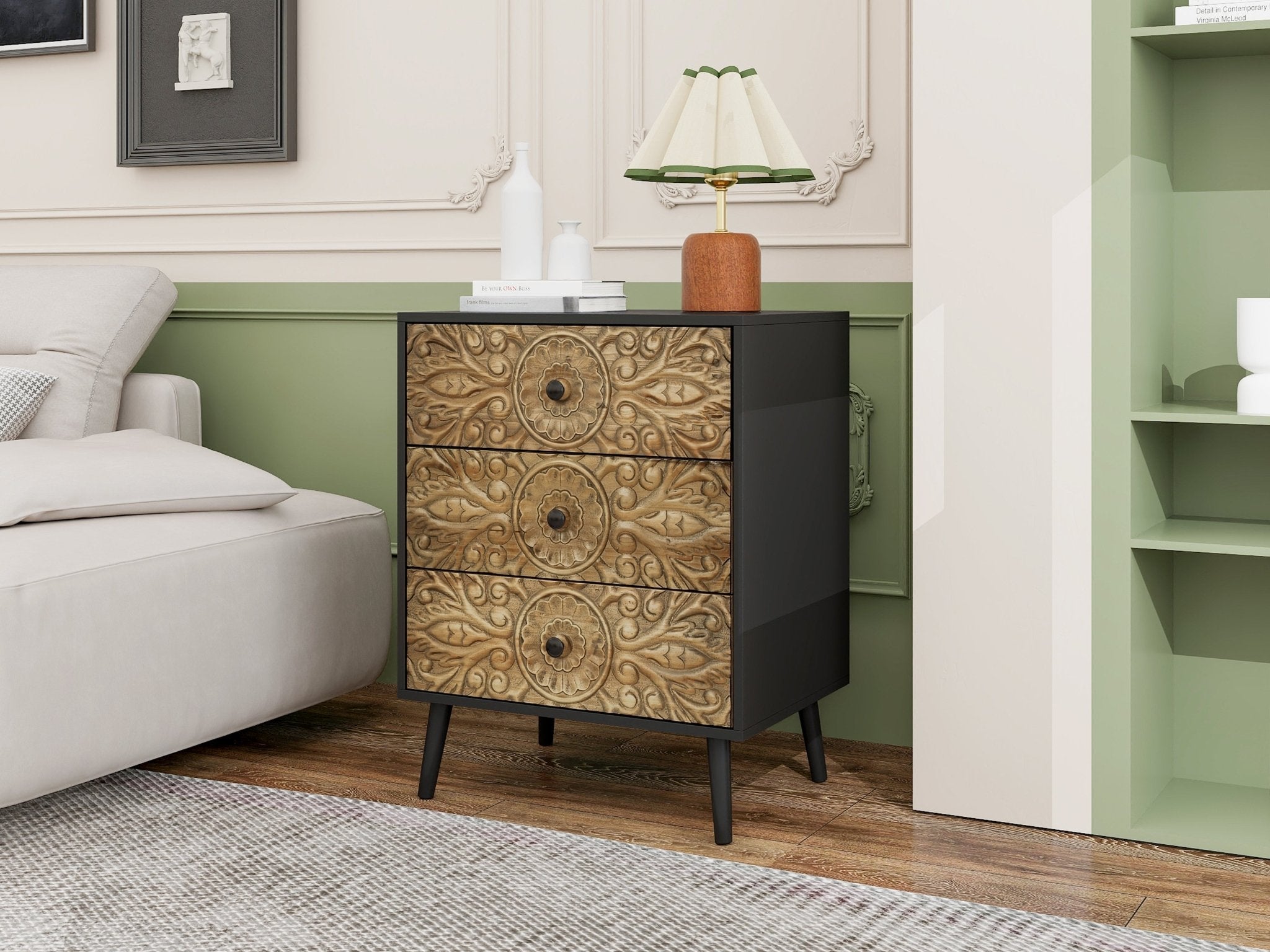Cabinet with 3 Drawers and Hand - Carved Design - Cabinets