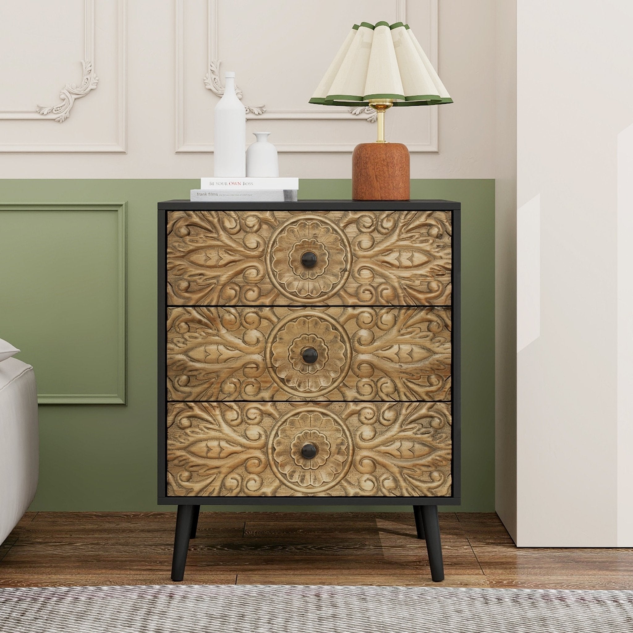 Cabinet with 3 Drawers and Hand - Carved Design - Cabinets