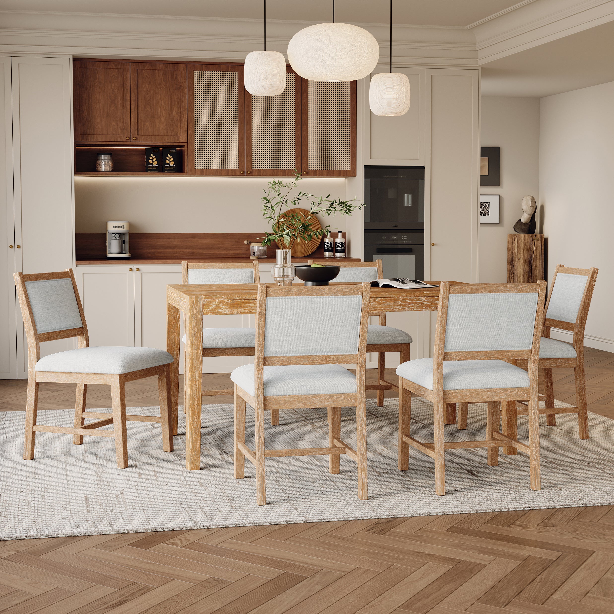 7-Piece Retro Dining Table Set with 6 Upholstered Chairs