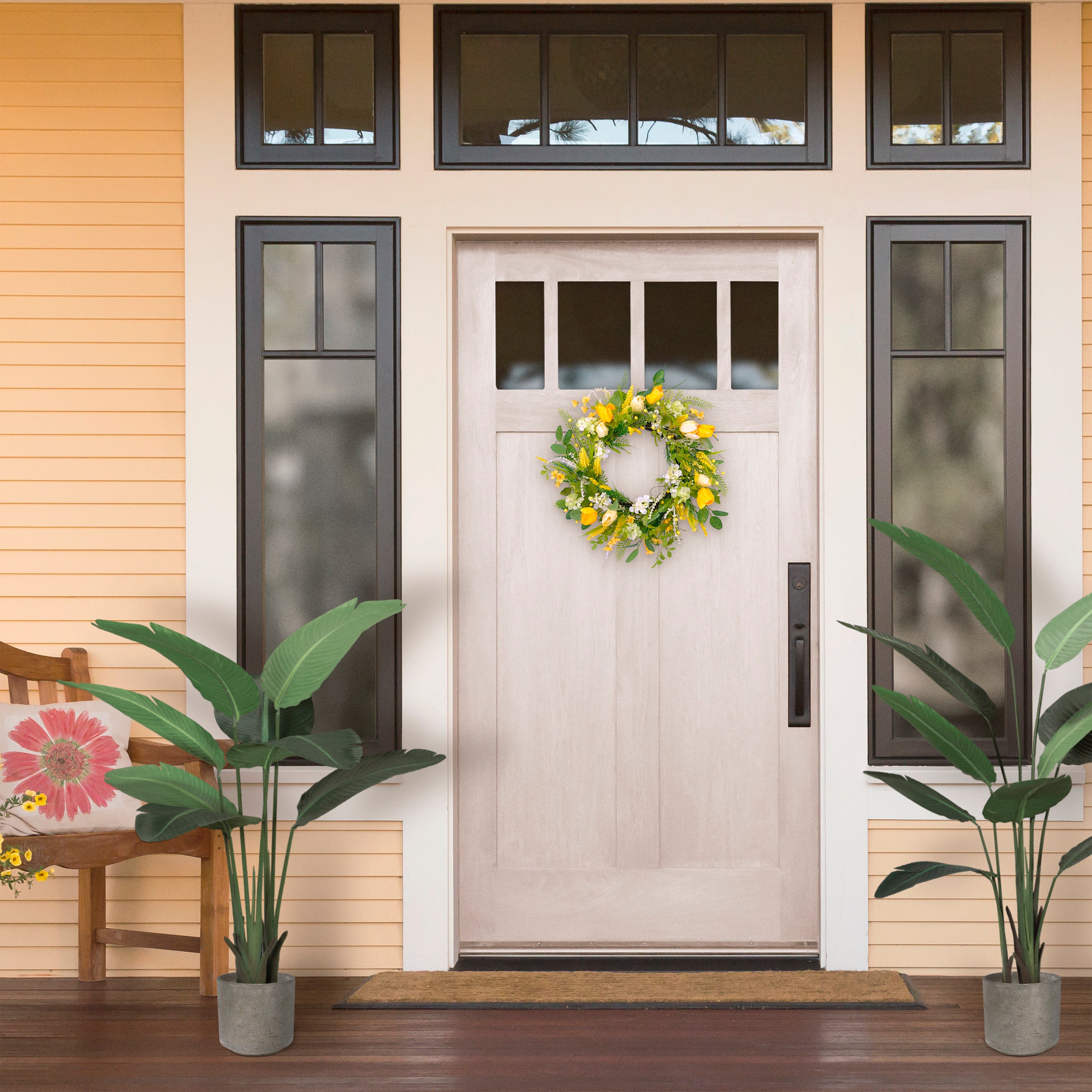 24" Artificial Green and Yellow Tulip Floral Spring Door Wreath