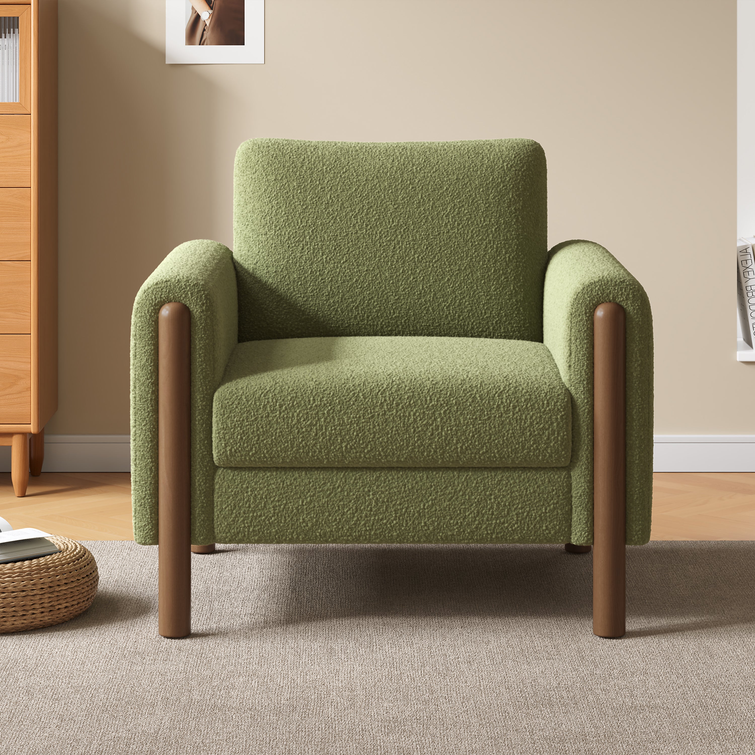 Upholstered Accent Chair with Walnut Legs and Curved Armrest