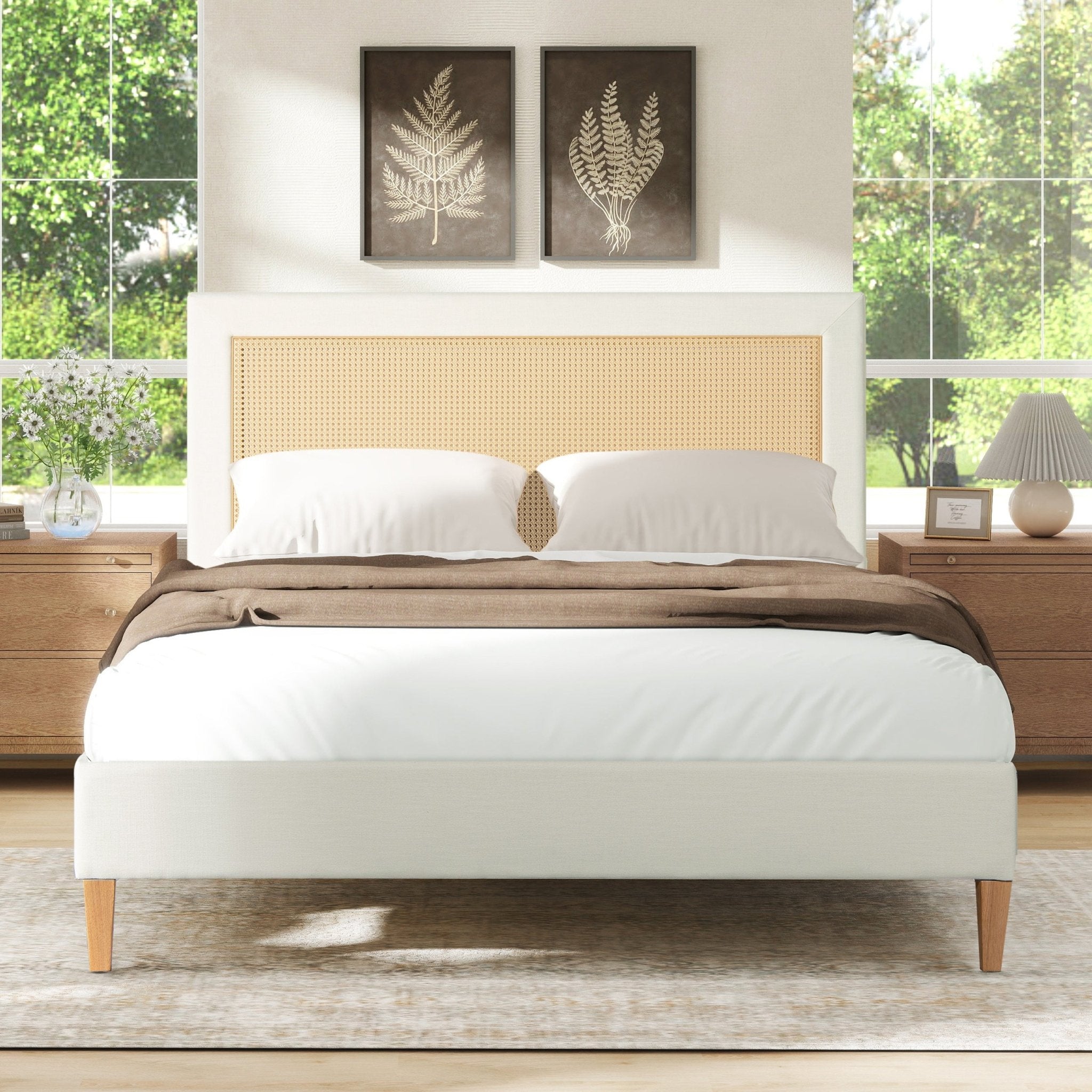 Captivat Platform Bed with Cane - Back and Solid Wood Legs - Beds & Headboards