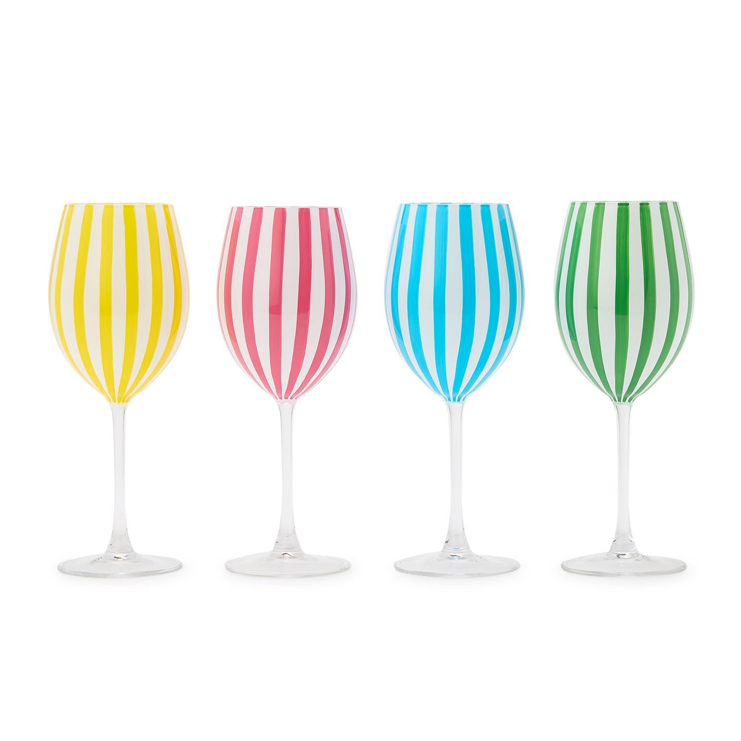 Stripe Hand-Painted Stemmed Wine Glasses Incl 4 Colors, Set of 4