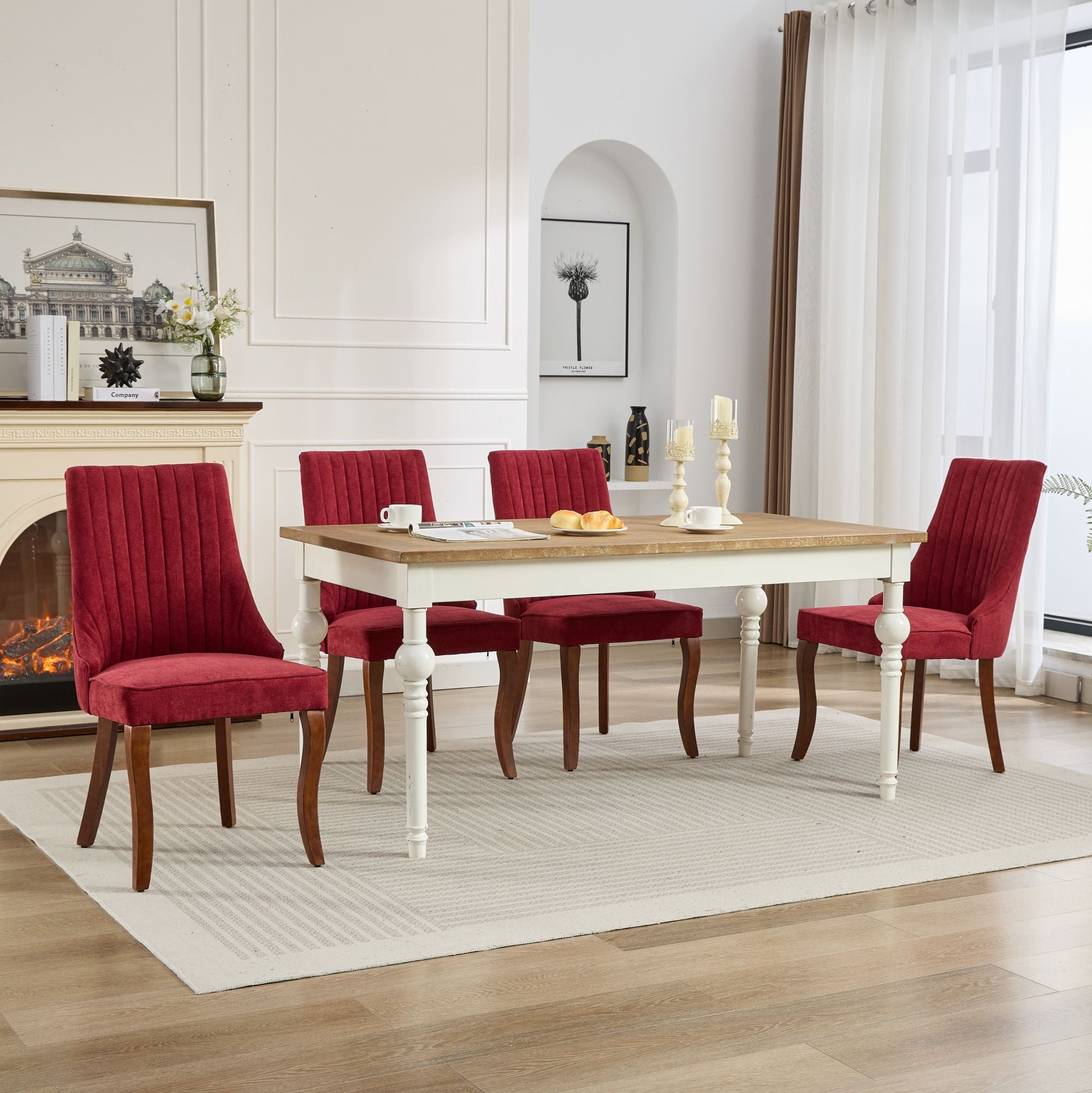 Rayon Cloth Flocking Linen Dining Chairs Channel Kitchen Dinner Chair Comfy Fabric Upholstered Accent Chair for Dining Room with Curved Solid Wood Legs,Set of 2 (Wine Red), SW1847WR