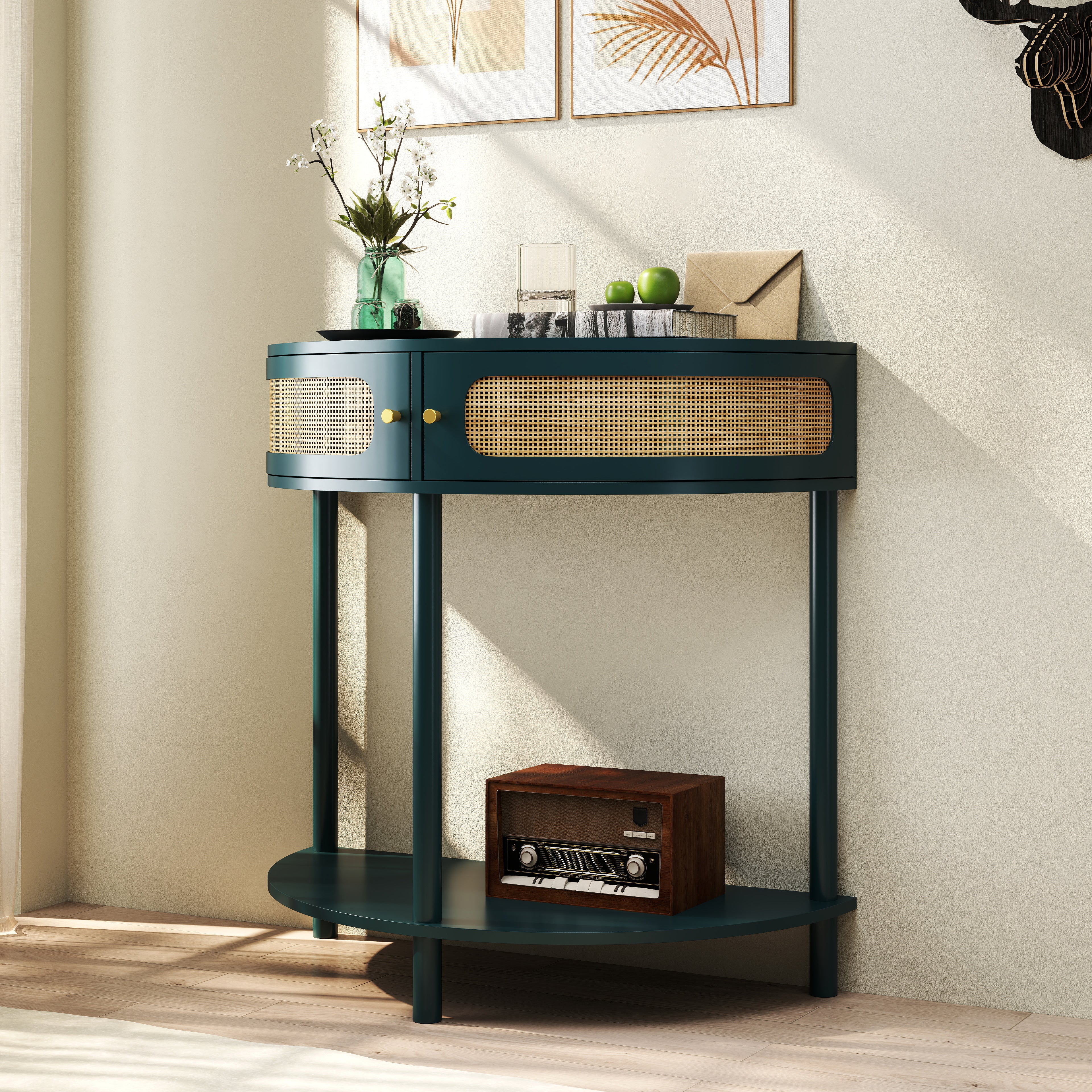 Boho Rattan Semi Circle End Table with Sliding Door