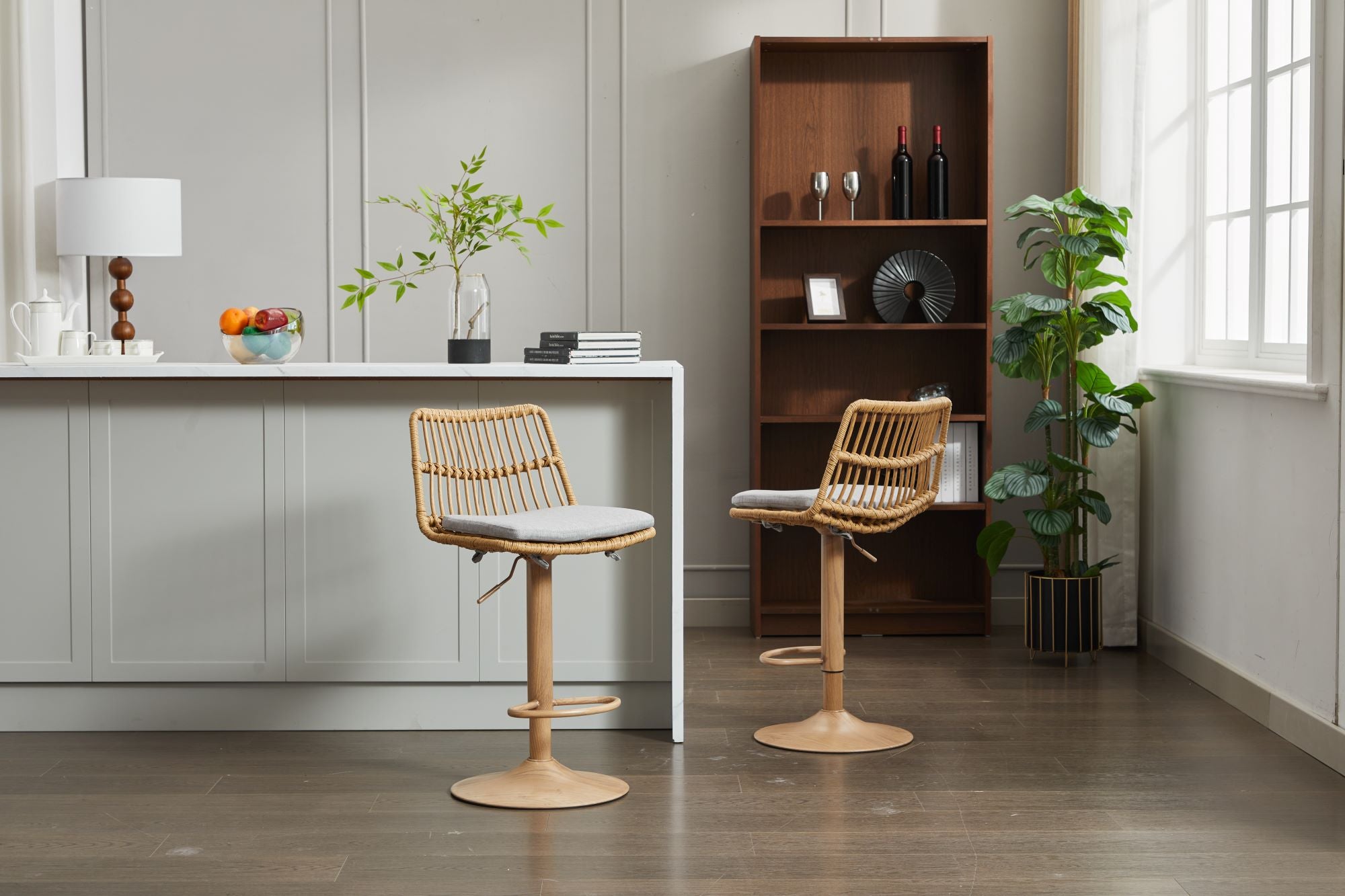 Swivel Counter Height Chair with Wicker Design and Footrest, Set of 2