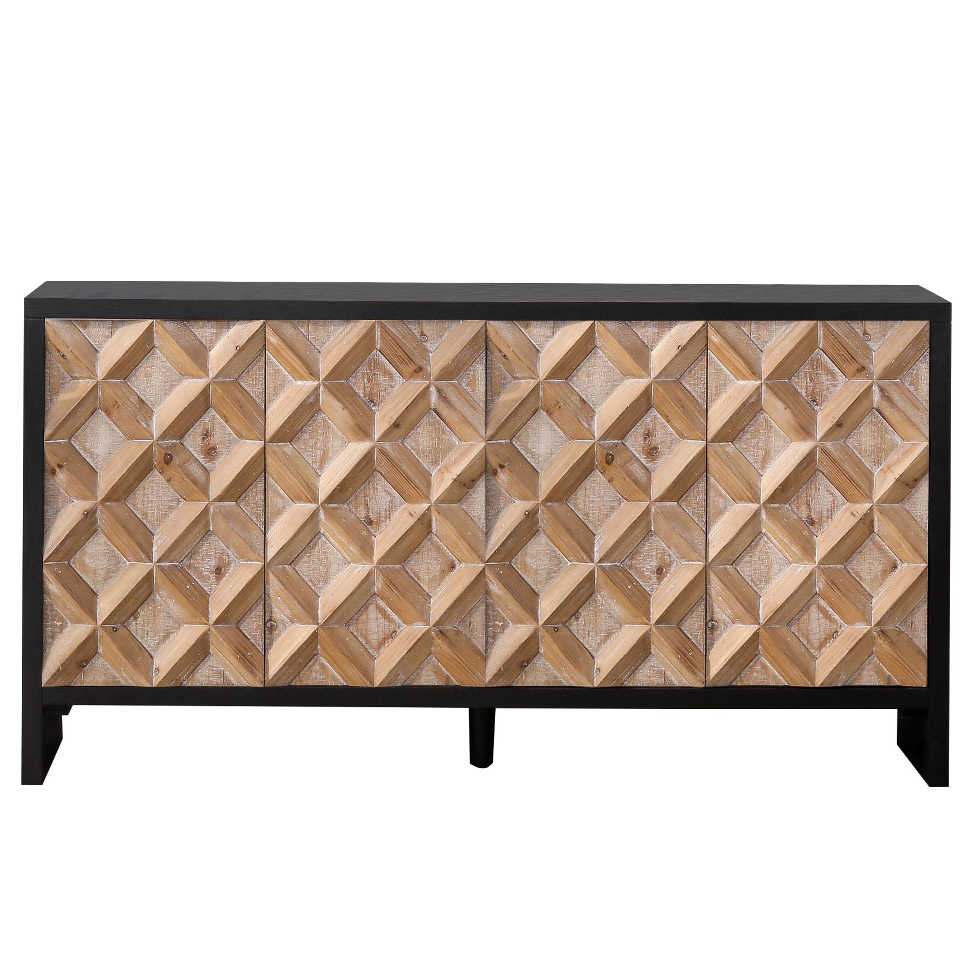 4-Door Wood Cabinet with Geometric Pattern