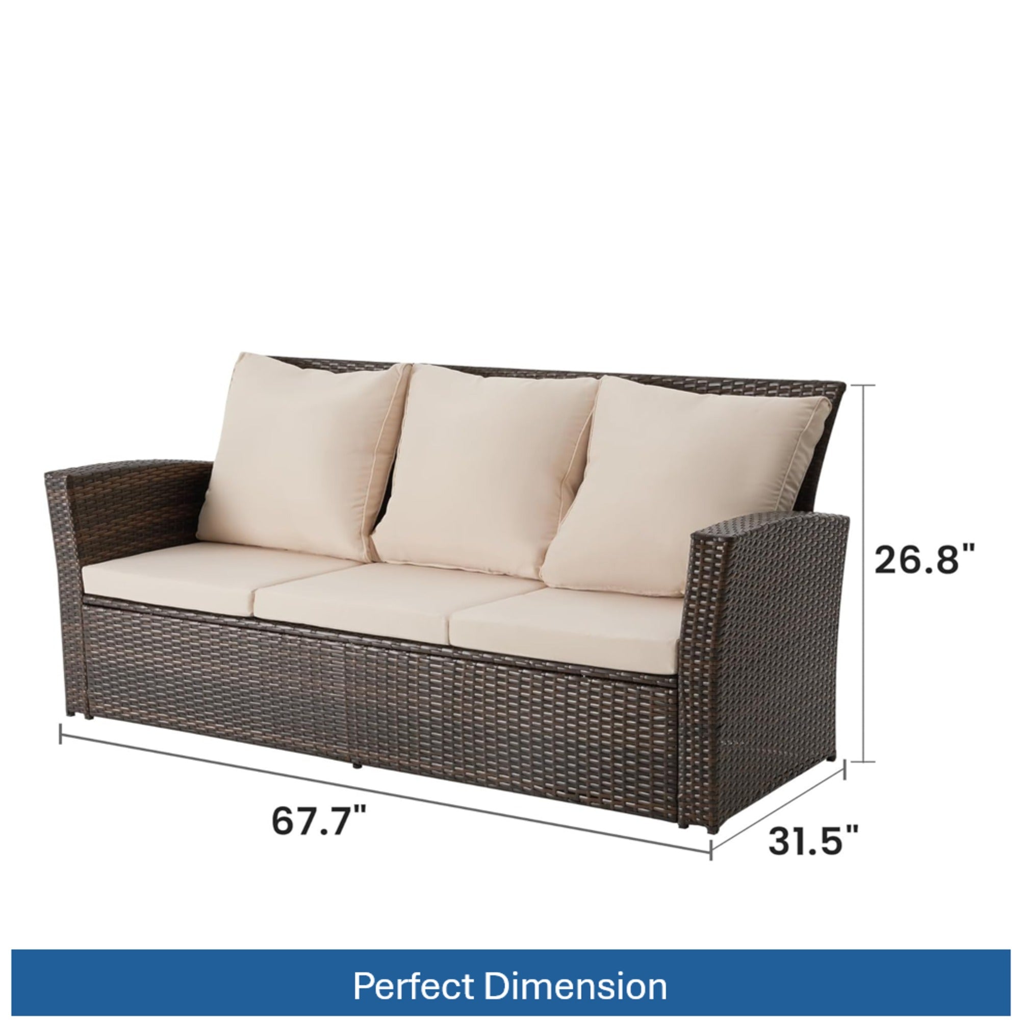 All-Weather Wicker 3-Seat Patio Sofa with Thick Gray Cushions & Black Iron Frame, 67.7'