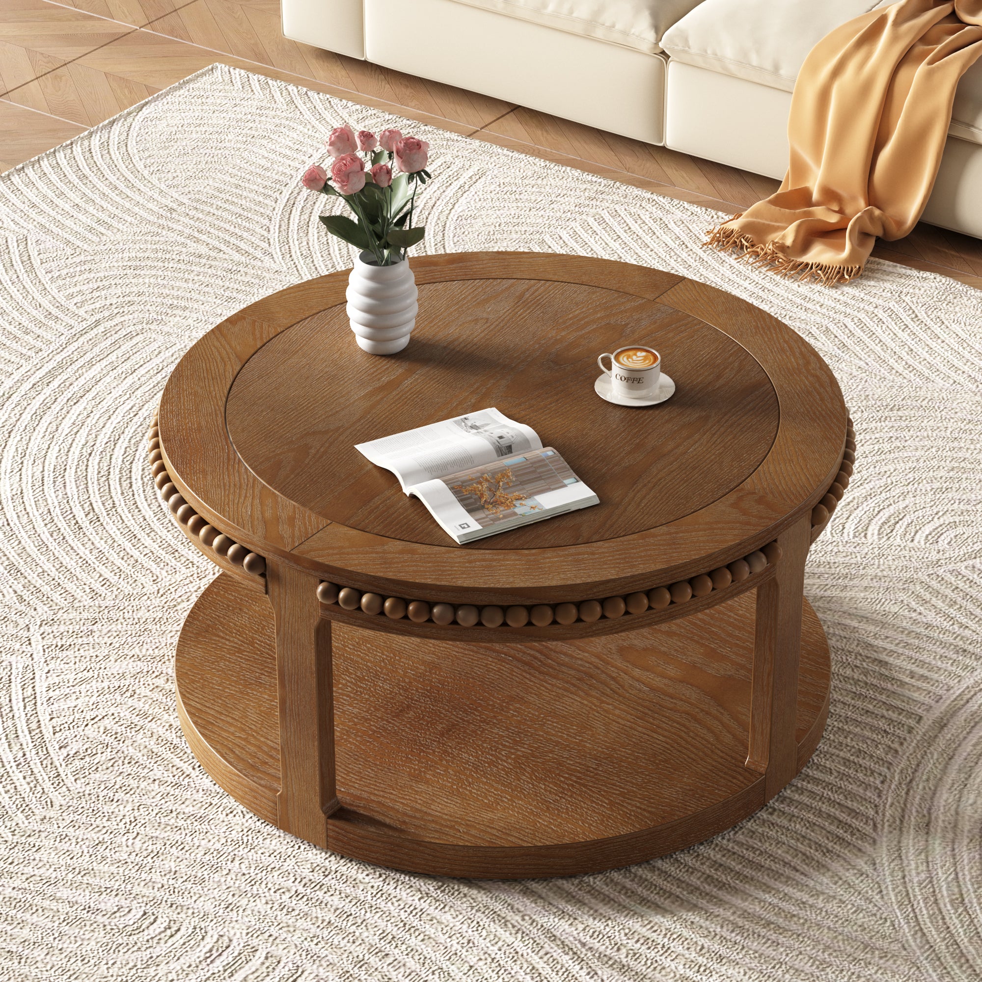 Round Solid Wood Coffee Table with Beaded Accent Edge