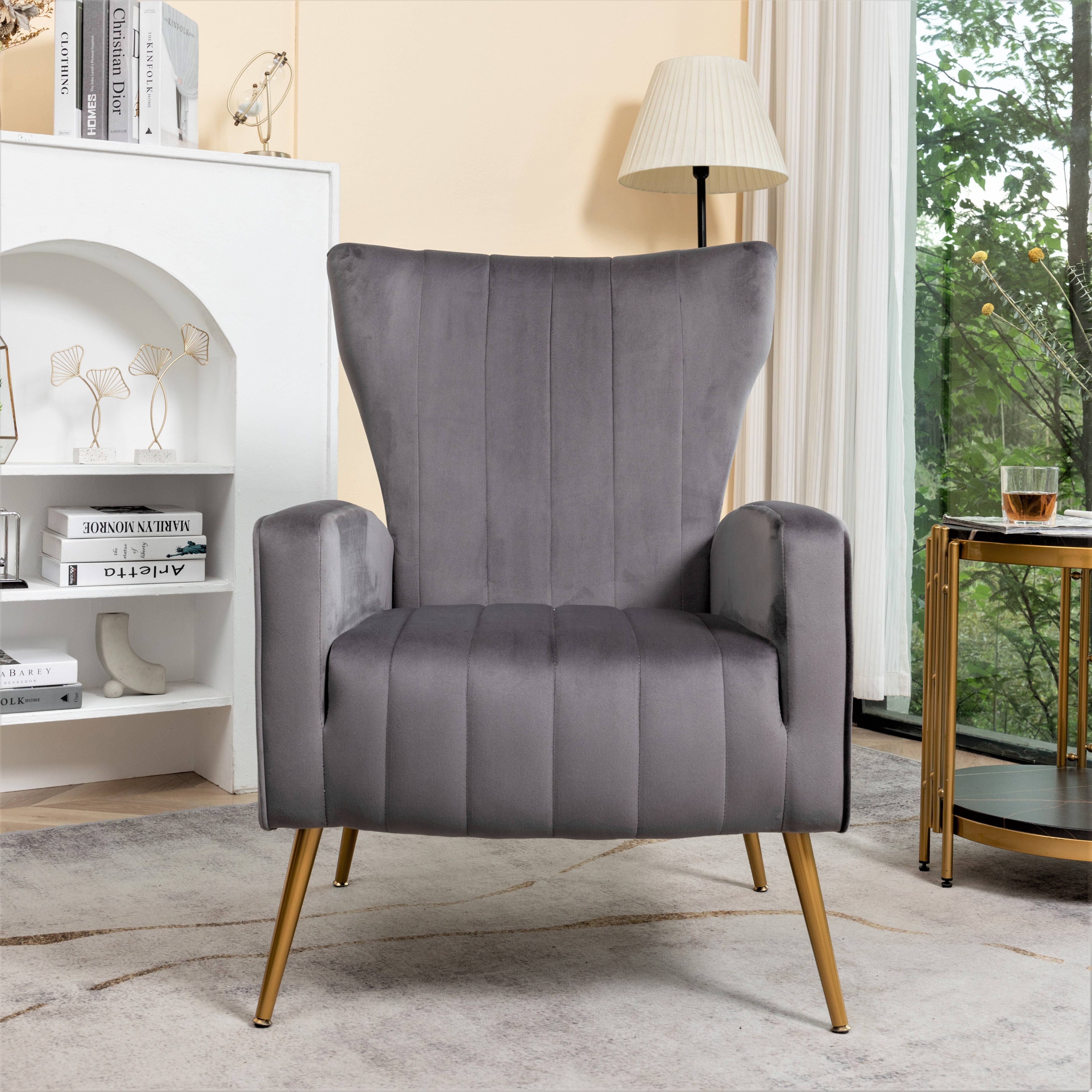 Velvet Accent Chair with Metal Legs, Modern Upholstered Armchair, Wingback Side Chair for Living Room Bedroom Small Spaces
