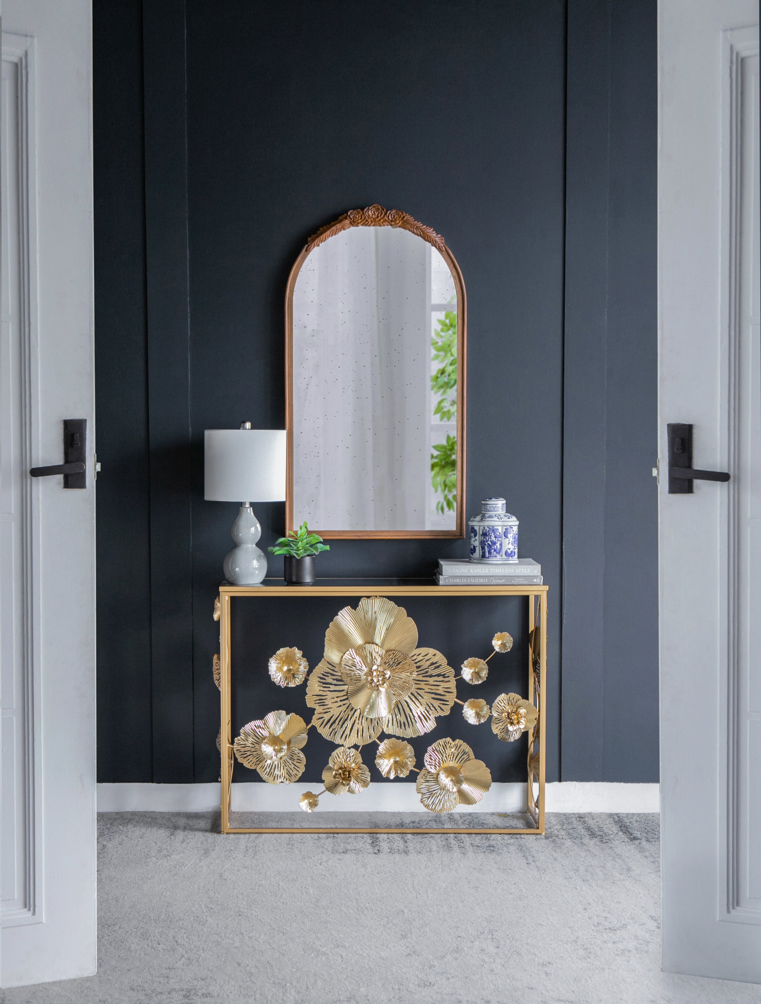 Console Table with Mirrored Glass Top and Floral Design