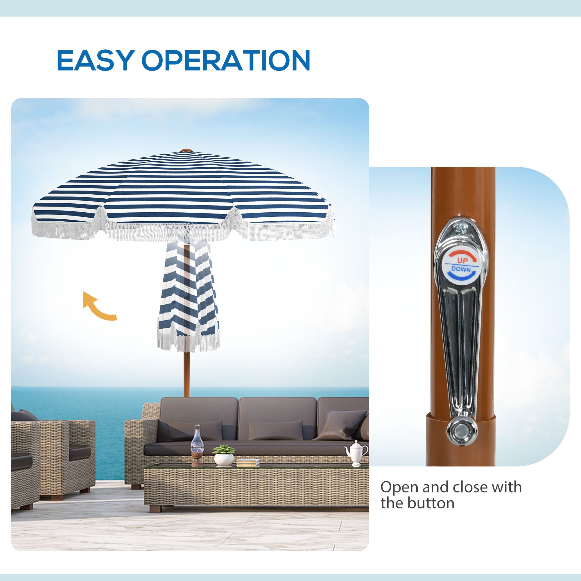 7' Nautical Stripe & Fringe Outdoor Patio Umbrella with Tilt