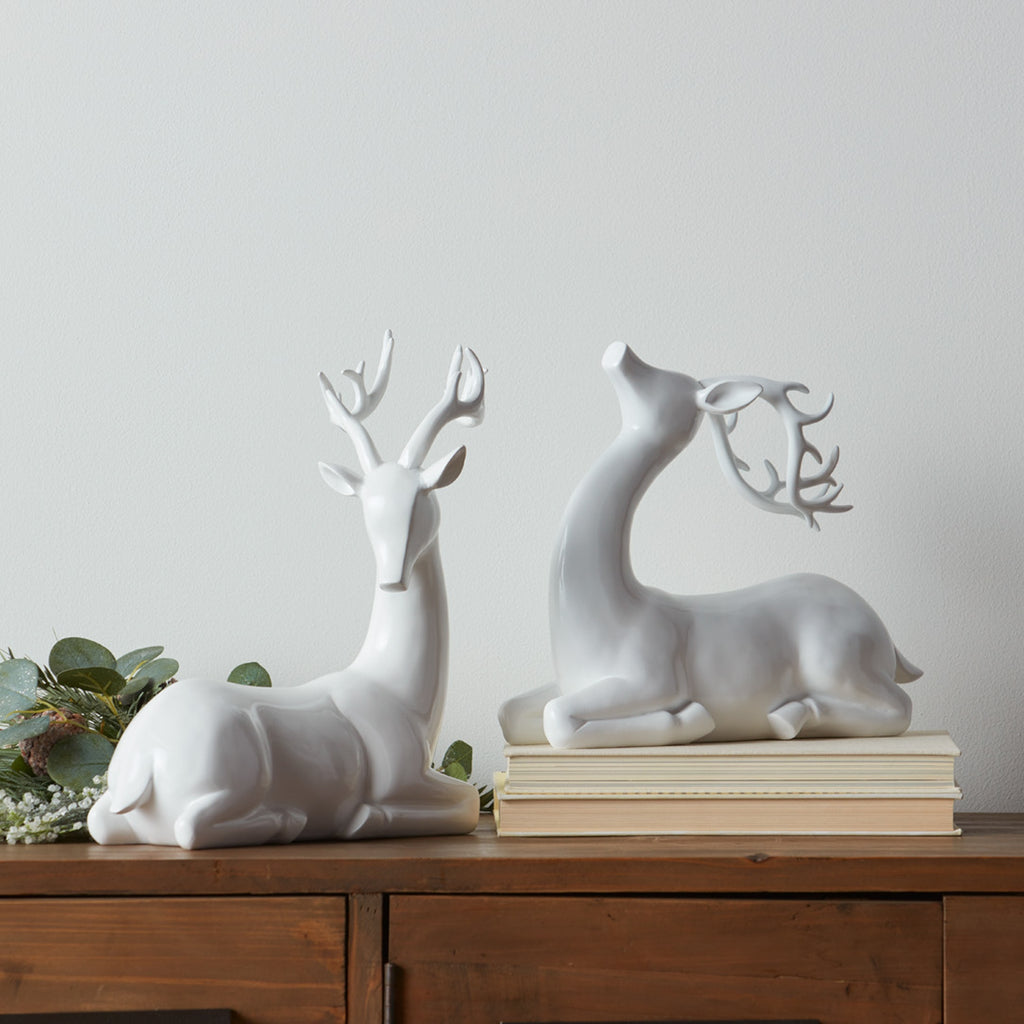 Modern White Stone Laying Deer Figurine (Set of 2)