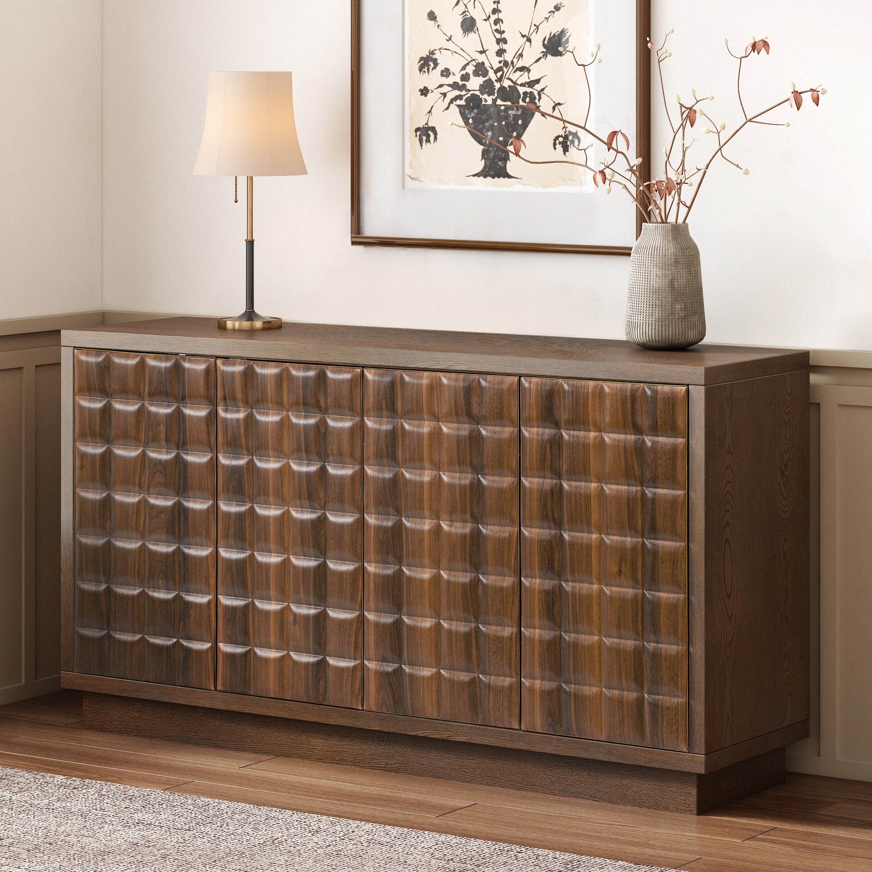 Modern 4-Door Storage Cabinet with 3D Geometric Doors & Metal Trim