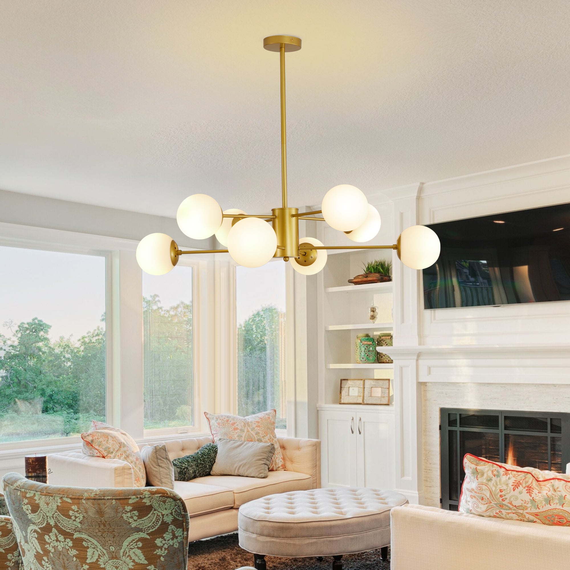 35" 8-Light Chandelier with White Glass Globe Shades