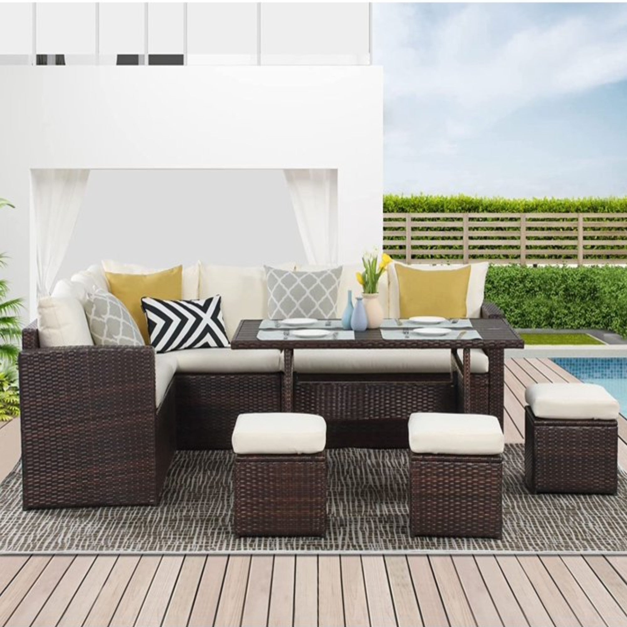 7-Piece All-Weather Wicker Patio Dining Set with Blue Cushions