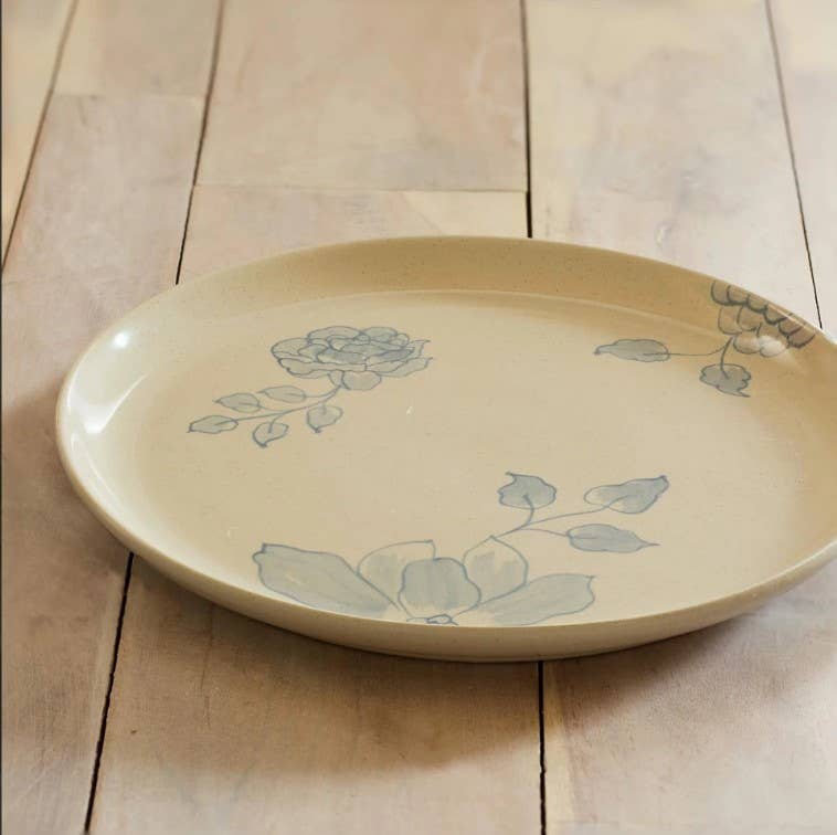 Off-White Round Ceramic Floral Dinner Plate