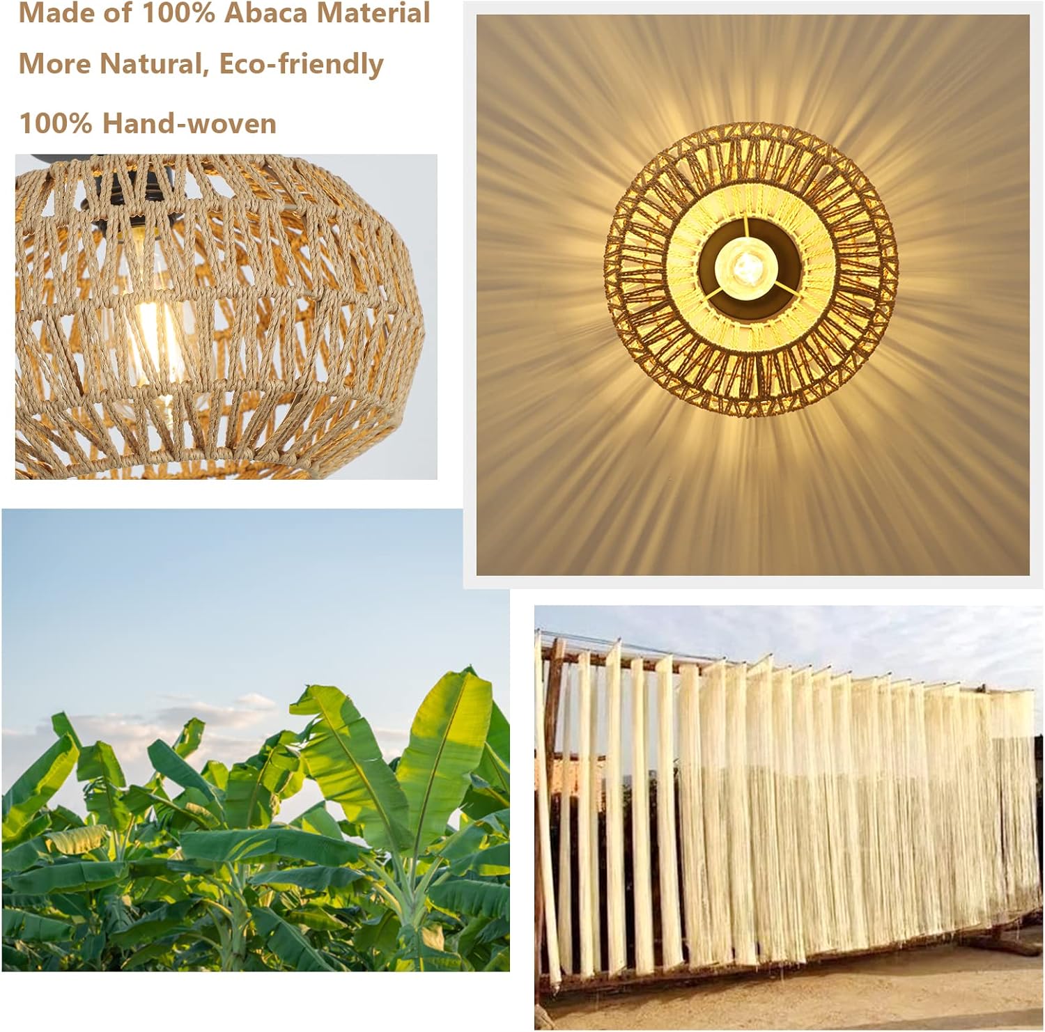 Ceiling Light Fixture with Dimmable LED and Hand-Woven Paper Rattan Cage