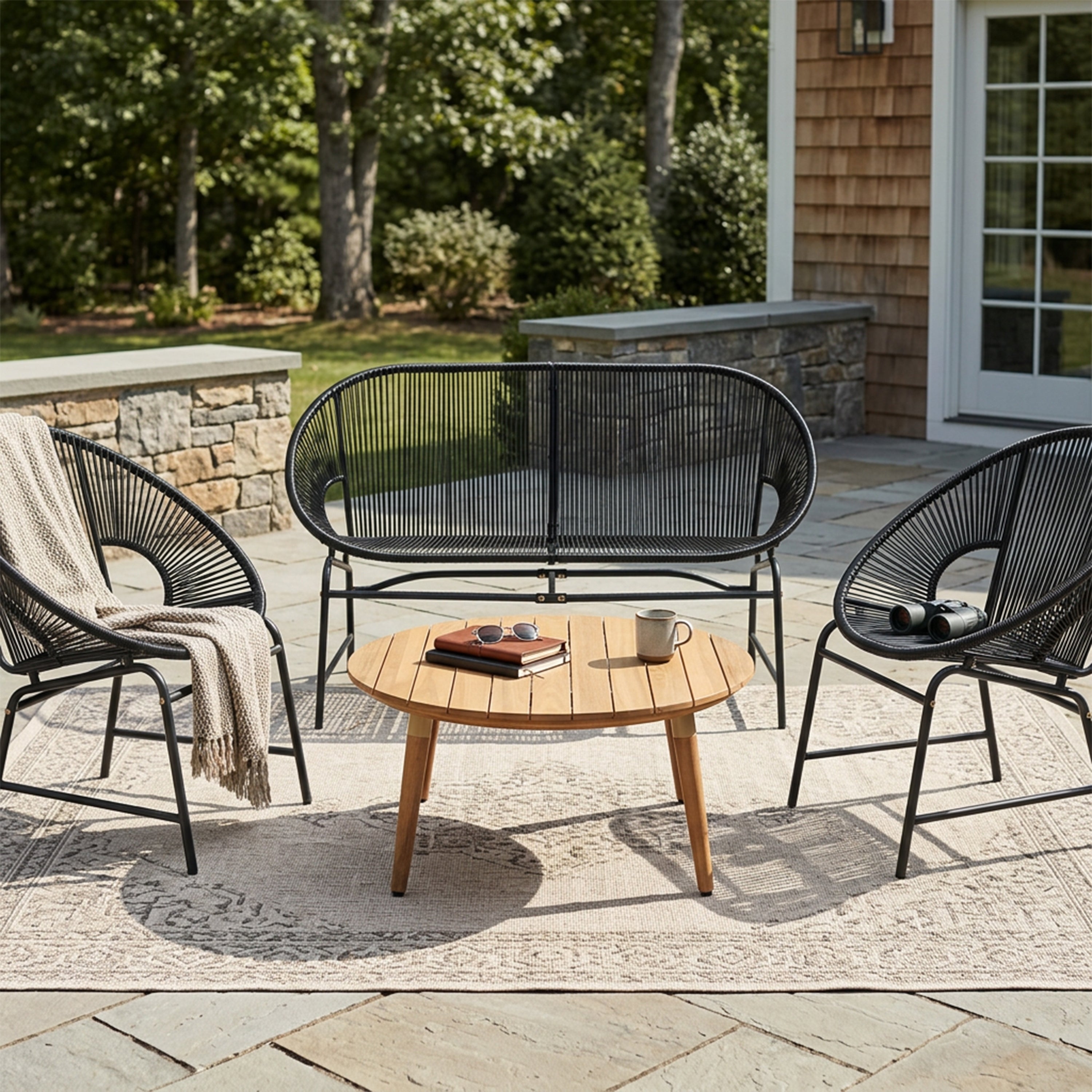 NUSA OUTDOOR PATIO 4-PCS CHAT SET, TEAL PE RATTAN & IRON FRAM FURNITURE, ACACIA WOOD TABLE