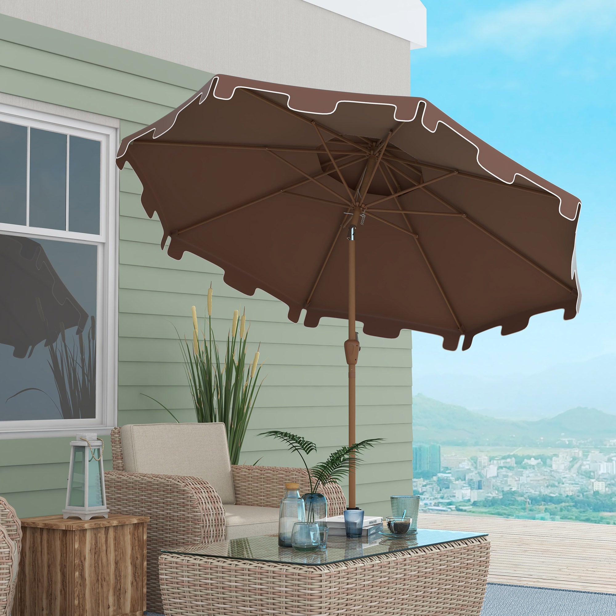 9' Double Top Ruffled Patio Umbrella with Push Button Tilt and Crank