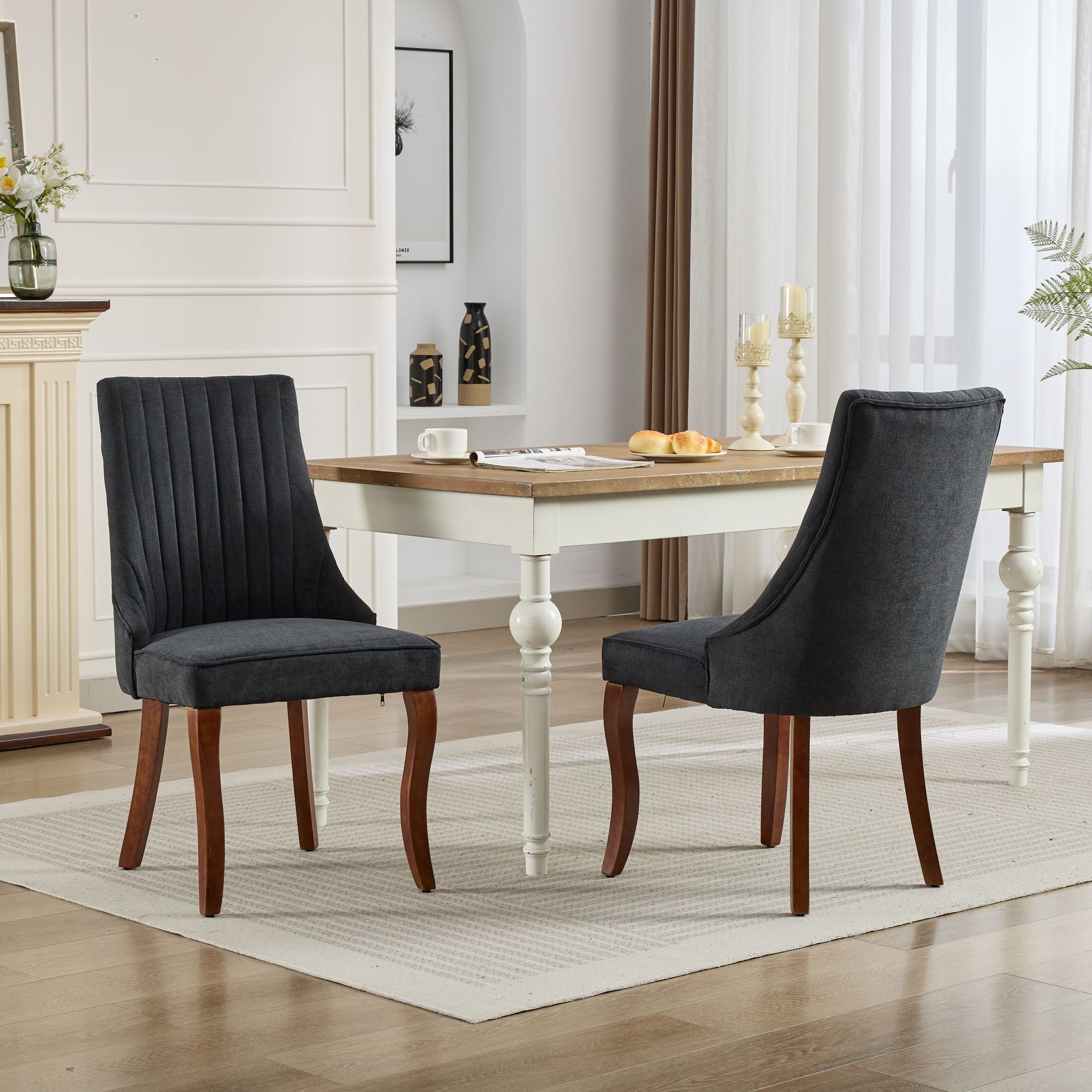 Rayon Cloth Flocking Linen Dining Chairs Channel Kitchen Dinner Chair Comfy Fabric Upholstered Accent Chair for Dining Room with Curved Solid Wood Legs,Set of 2 (Black), SW1847BK
