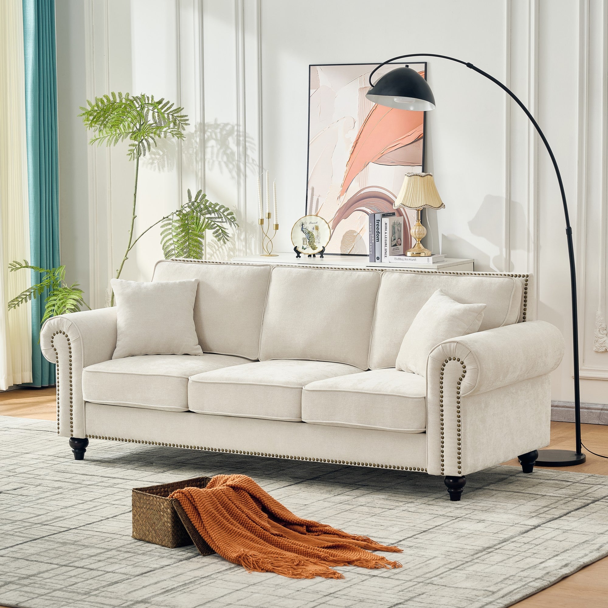 Modern 86" 3-Seater Sofa with Tufted Upholstery, Rolled Arms, and Nailhead Trim