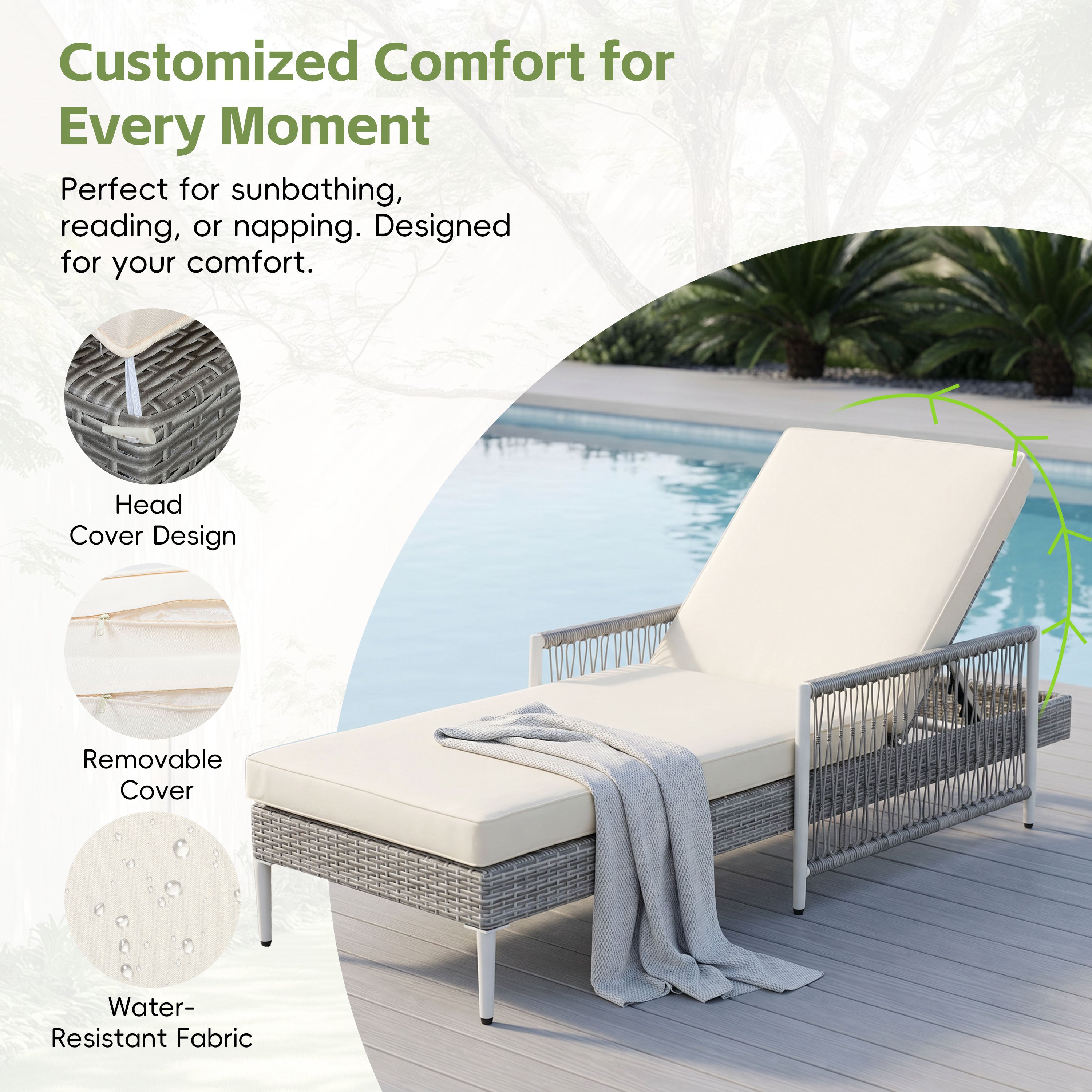 TOPMAX Outdoor All-Weather PE Rattan Chaise Lounge, Minimalist Patio Wicker Lounge Chair with 6 Gear Adjustable Recliner, Arms and Cushion for Poolside, Deck, Grey