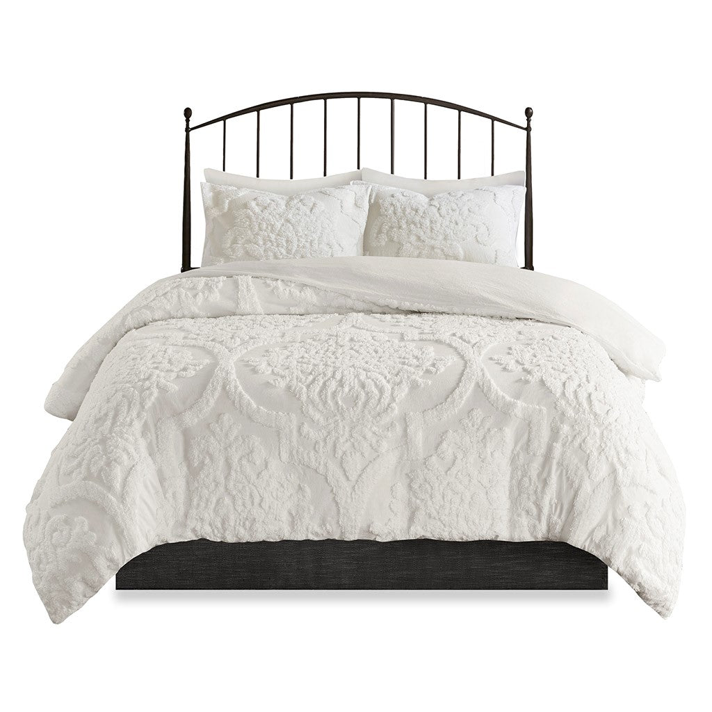 3 Piece Tufted Cotton Chenille Damask Duvet Cover Set