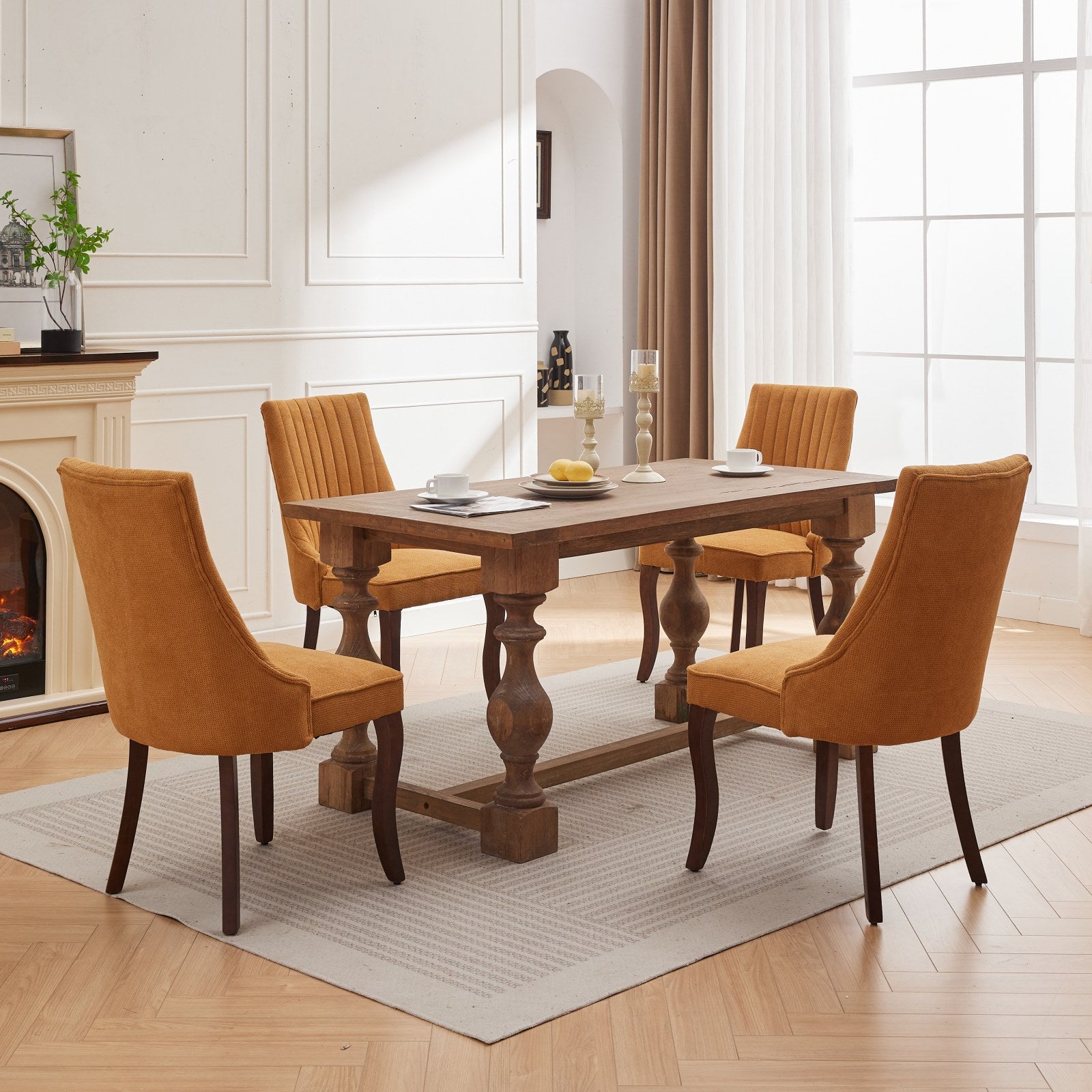 Rayon Cloth Flocking Linen Dining Chairs Channel Kitchen Dinner Chair Comfy Fabric Upholstered Accent Chair for Dining Room with Curved Solid Wood Legs,Set of 2 (Gold), SW1847GL
