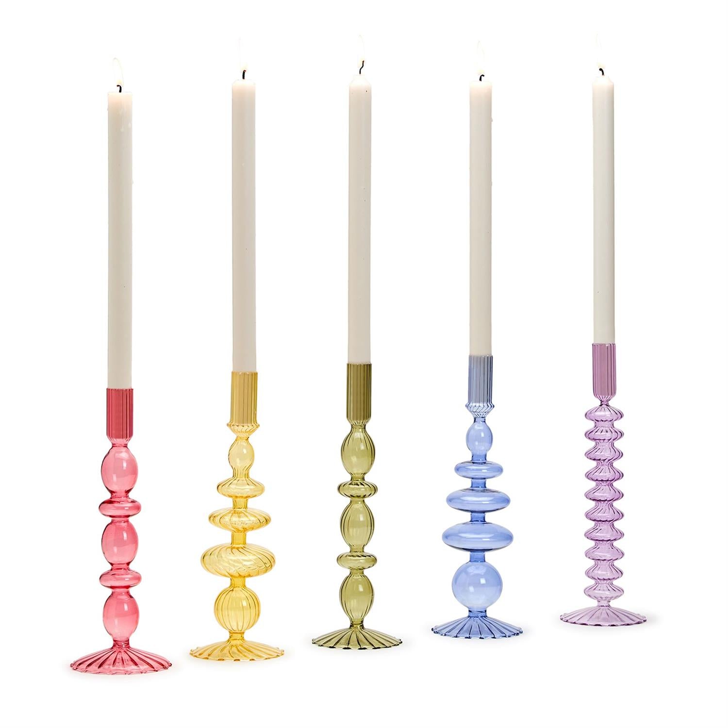 Hand-Blown Glass Taper Candlestick Candleholders Incl 5 Colors, Set of 5