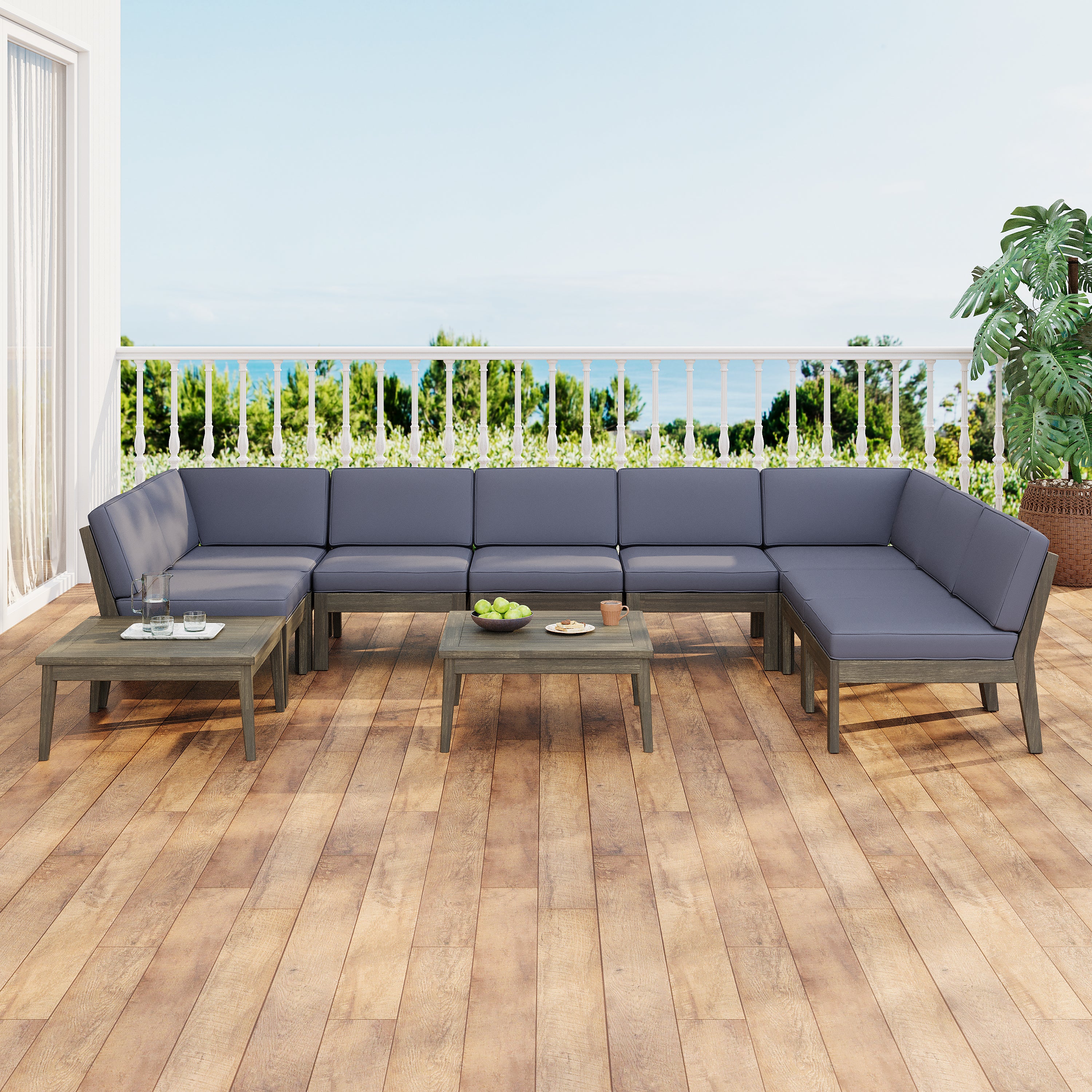 Grenada Outdoor Acacia Wood U-Shape Armless Sectional Sofa
