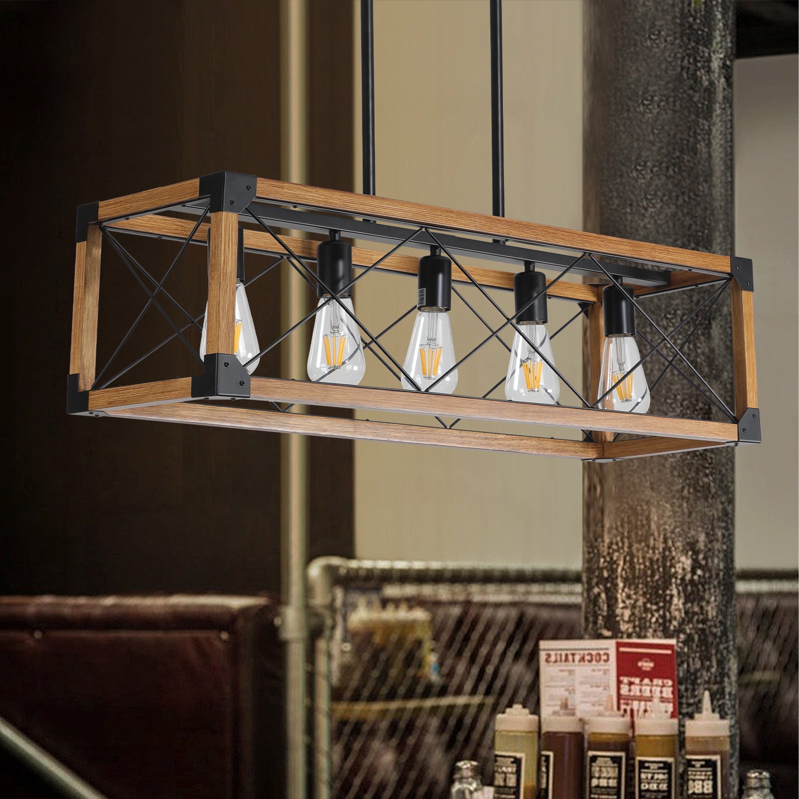 32" Rectangle Pendant Light with 5 Lights and Adjustable Height Boom