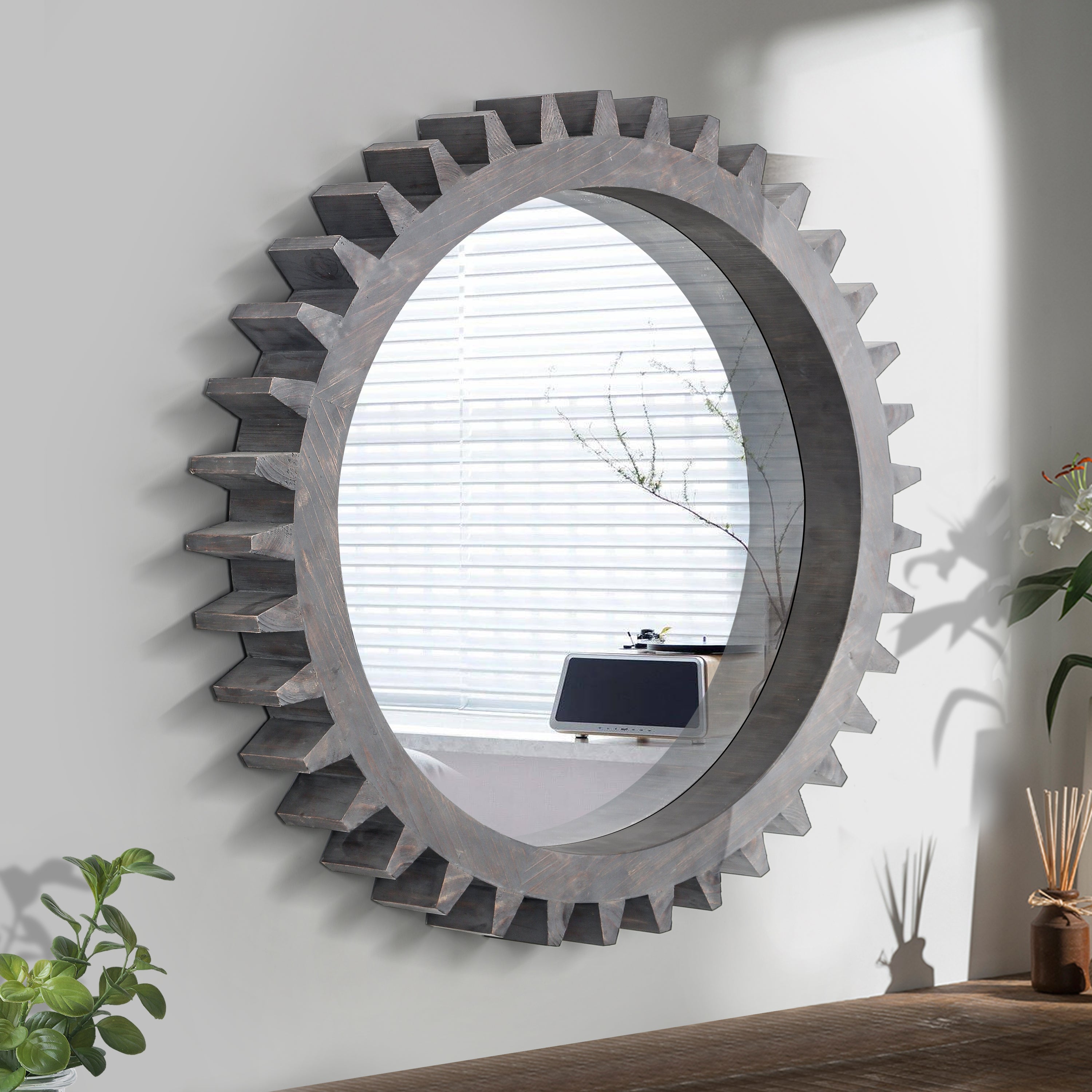 Harmonyx Wall Mirror with Gear Shape and Wood Frame