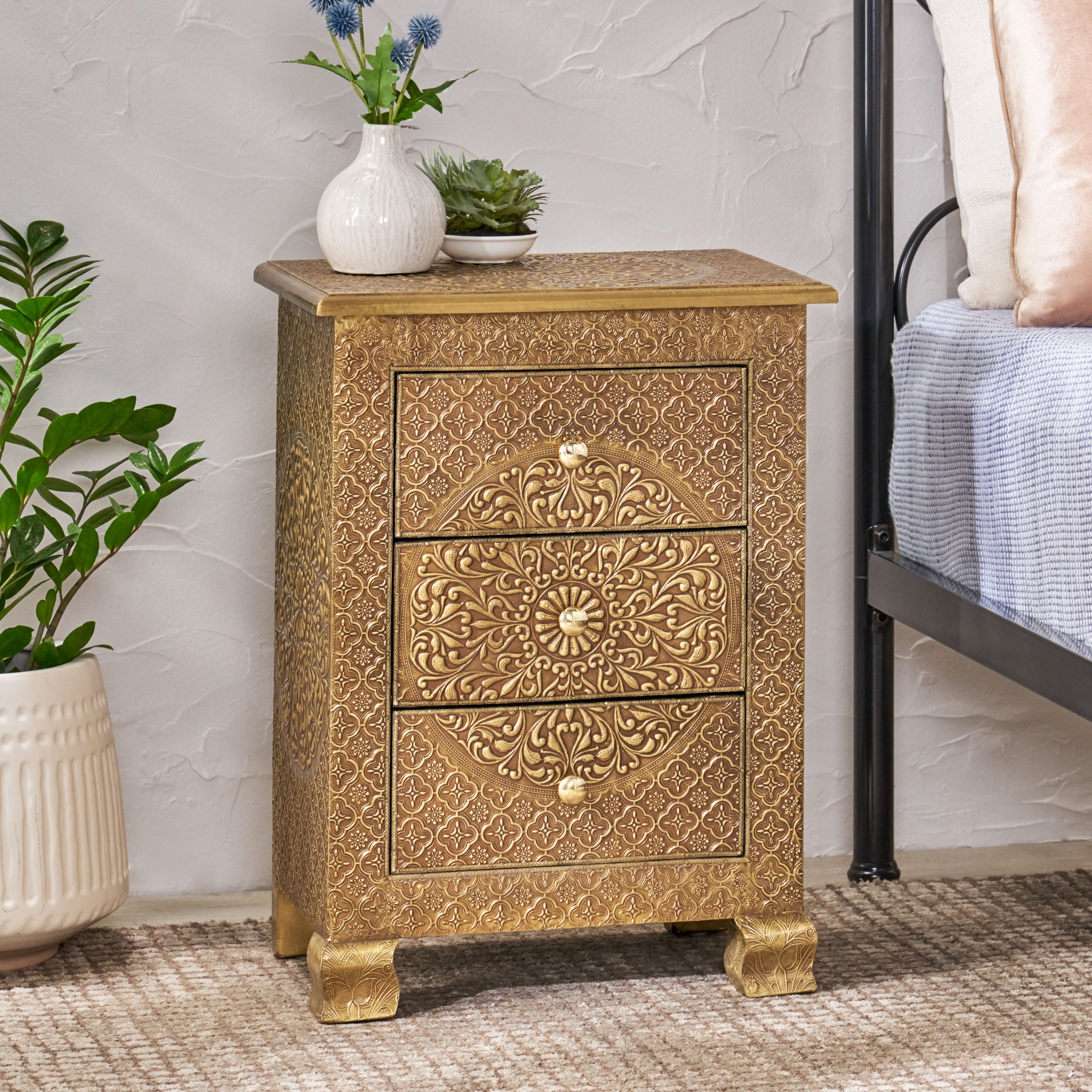 Brass Metal Clad 3-Drawer Nightstand