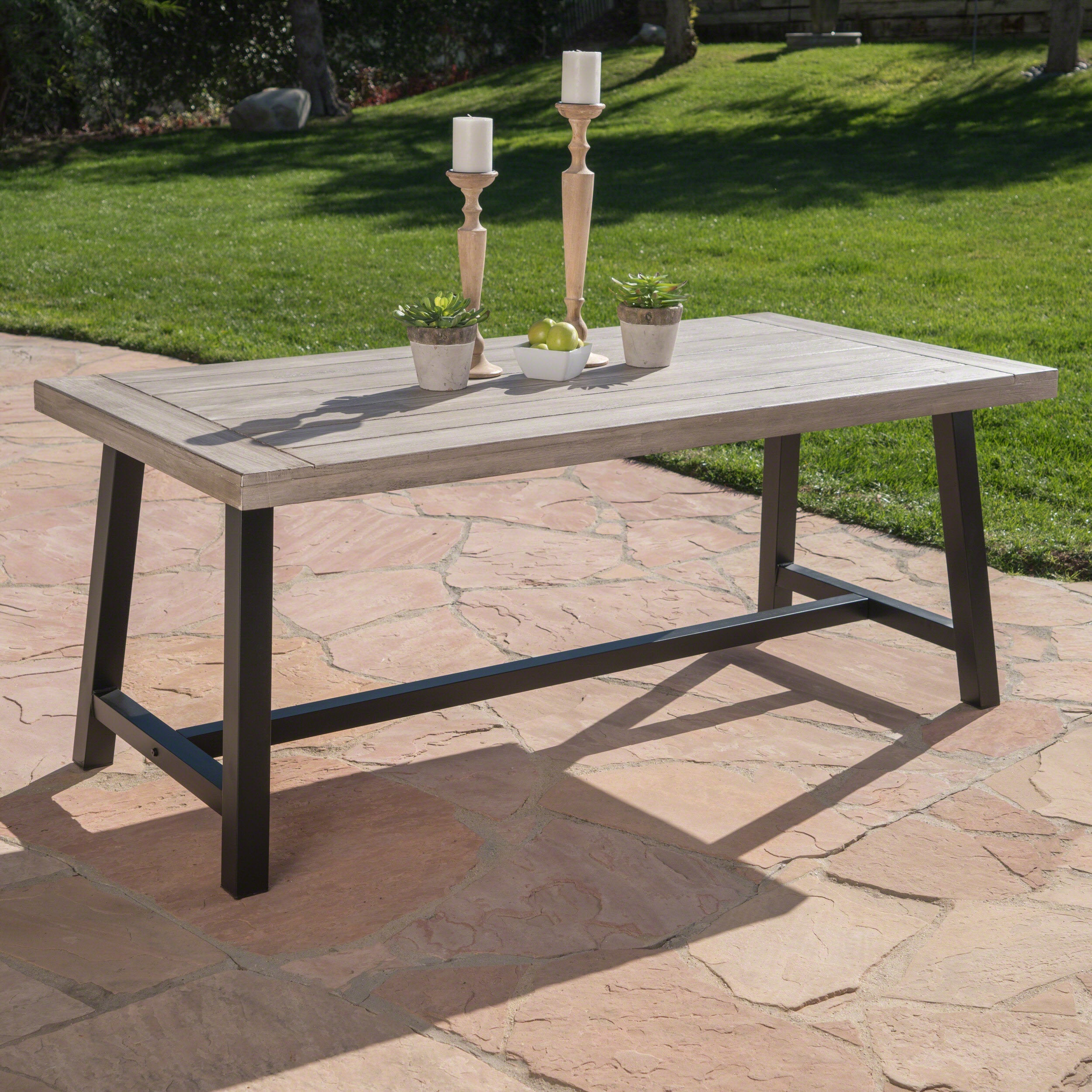 Outdoor Dark Brown Sandblast Finish Acacia Wood Dining Table with White Rustic Metal Frame, Weather Resistant